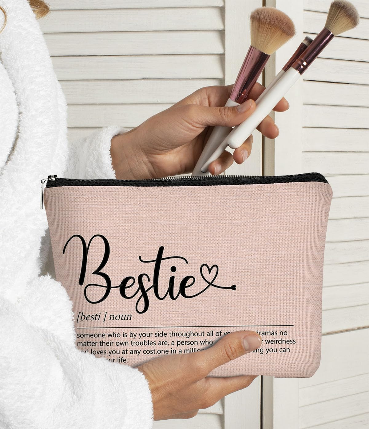 Bestie Definition Small Makeup Bag - Pink Cosmetic Pouch for Women | Travel Toiletry Organizer | Inspirational Gift for Friends, Sisters, Colleagues & Classmates | Perfect for Birthday, Travel & Daily Makeup Storage