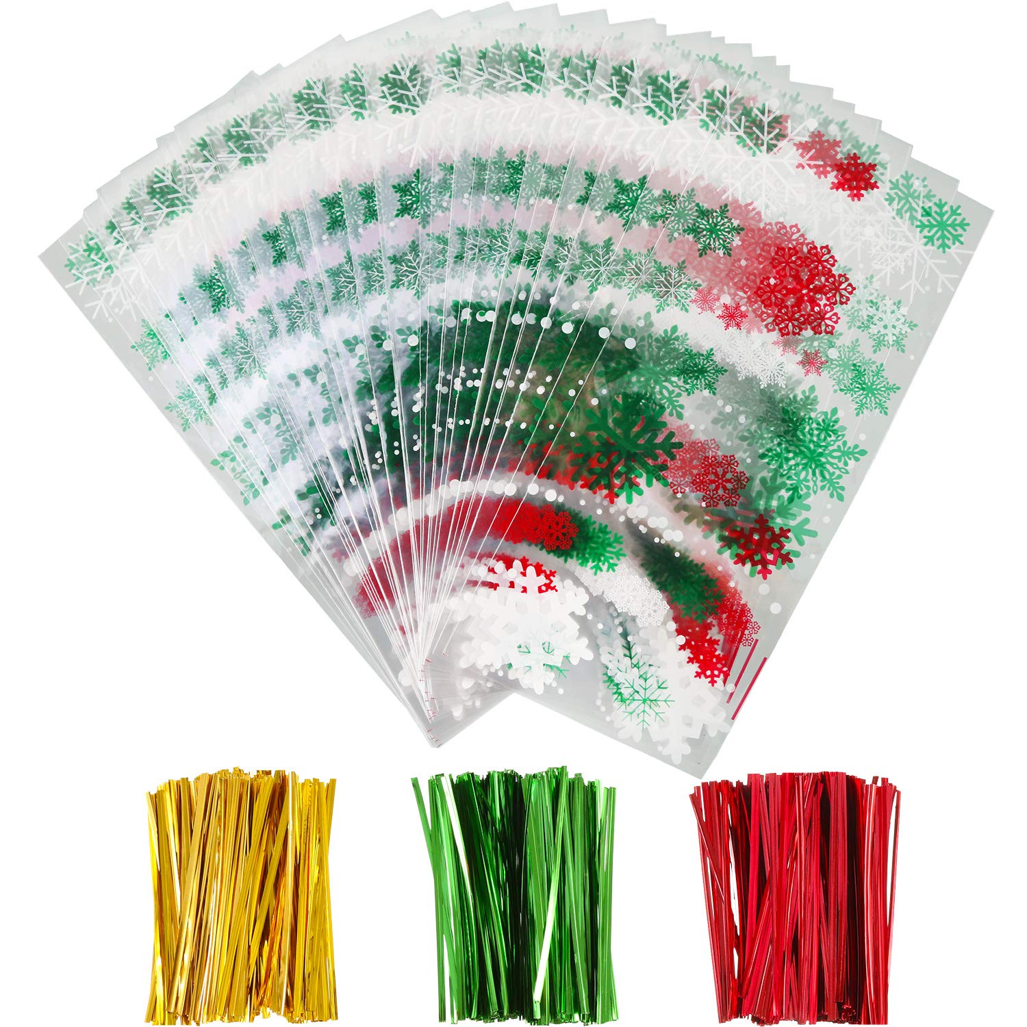 100-Piece Christmas Cellophane Treat Bags with Snowflake Design - Includes 150 Twist Ties for Holiday Candy, Cookies & Party Favors - Perfect for Christmas Gift Wrapping, Cookie Exchanges & Holiday Party Decorations