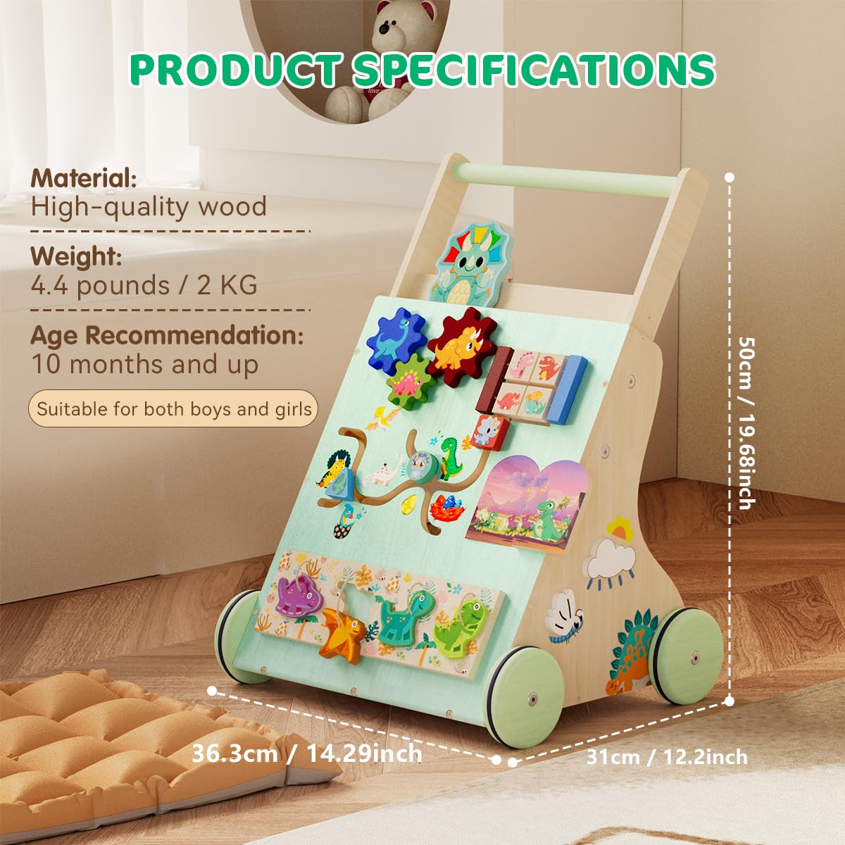Dinosaur Wooden Baby Walker - Montessori Push & Pull Learning Toy for Toddlers, Boys & Girls | Sit-to-Stand Activity Center Develops Motor Skills | Perfect Educational Gift for Infants & Kids - Ideal for Home Playrooms & Daycare Learning Centers