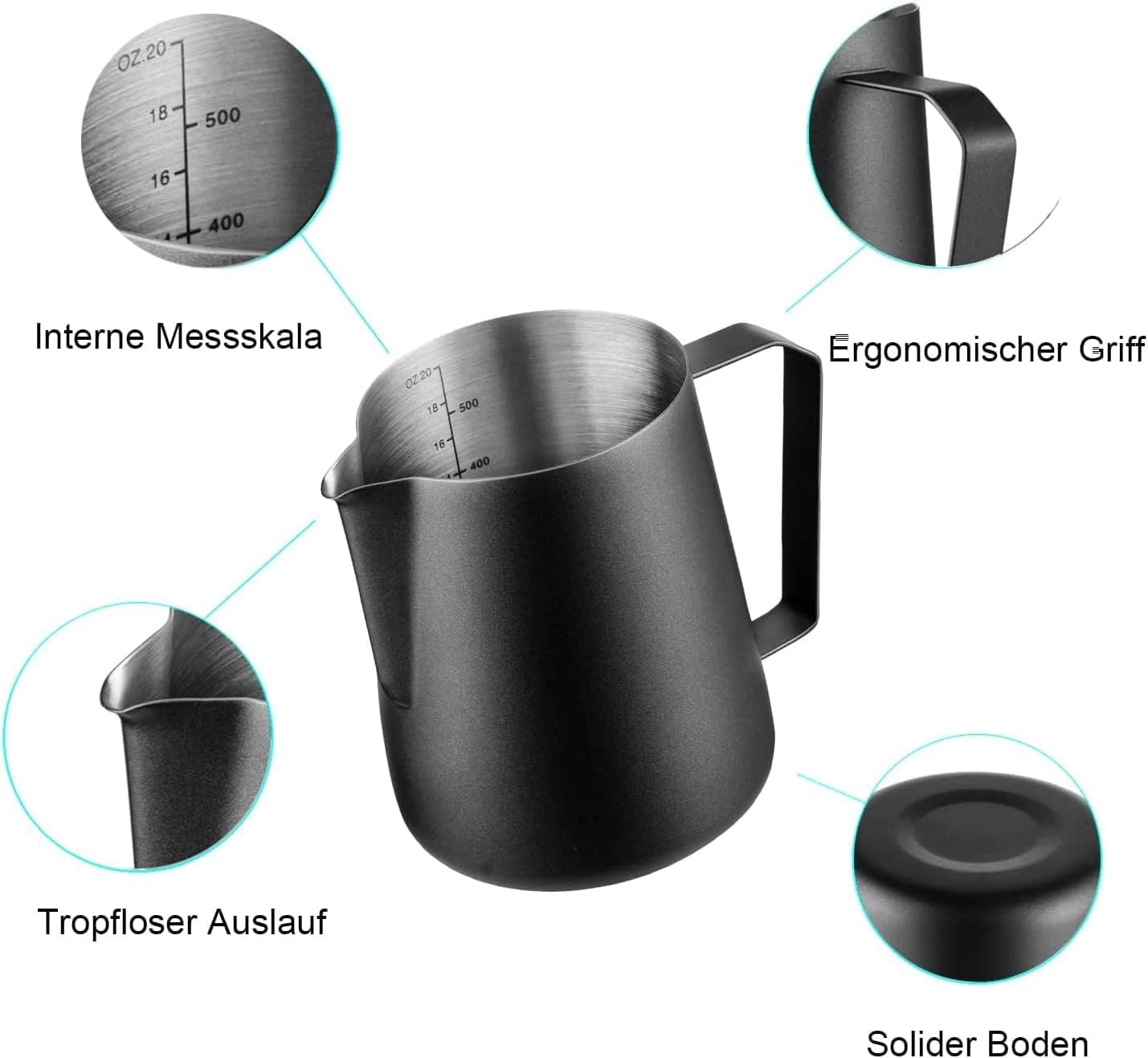 Premium Stainless Steel Milk Frothing Pitcher 20oz (600ml) - Barista-Grade Milk Frother Cup for Espresso Machines, Latte Art & Coffee Shops - Professional Black Milk Steamer Jug for Home & Commercial Use