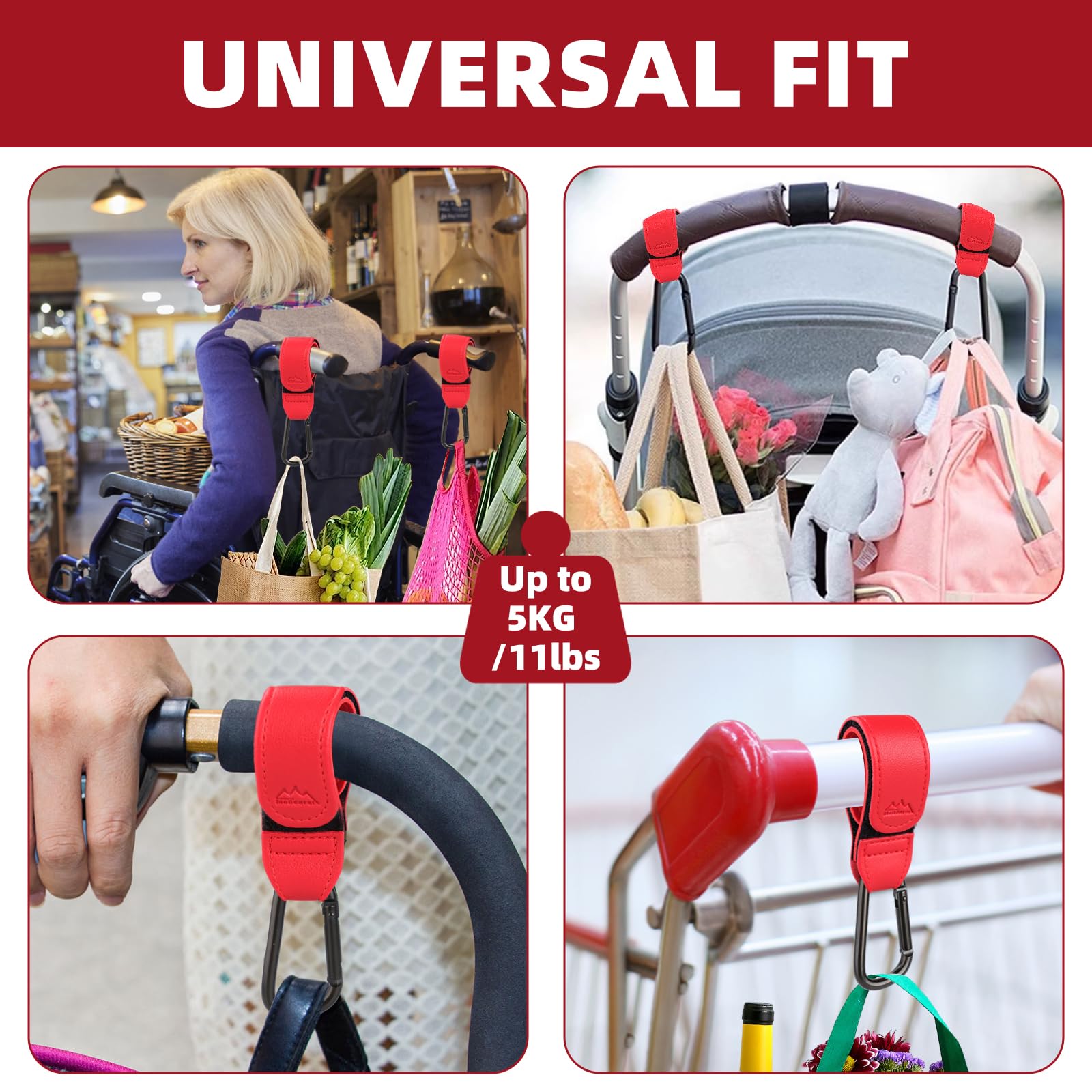 Premium Baby Stroller Hooks - 2 Pack Multipurpose Bag Hangers for Diaper Bags & Grocery Shopping | Durable Vegan Leather Pram Straps (Red) | Perfect for Strollers, Shopping Carts & Travel Gear Organization