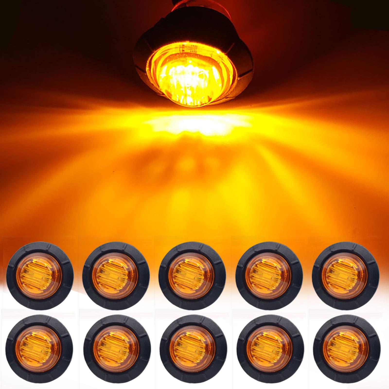 10-Piece 3/4 Inch Amber LED Marker Lights - Waterproof Trailer & RV Lights with Turn Signal Function - Ideal for Trucks, Trailers, RVs, Buses & Vans - Perfect for Night Driving and Safety Visibility