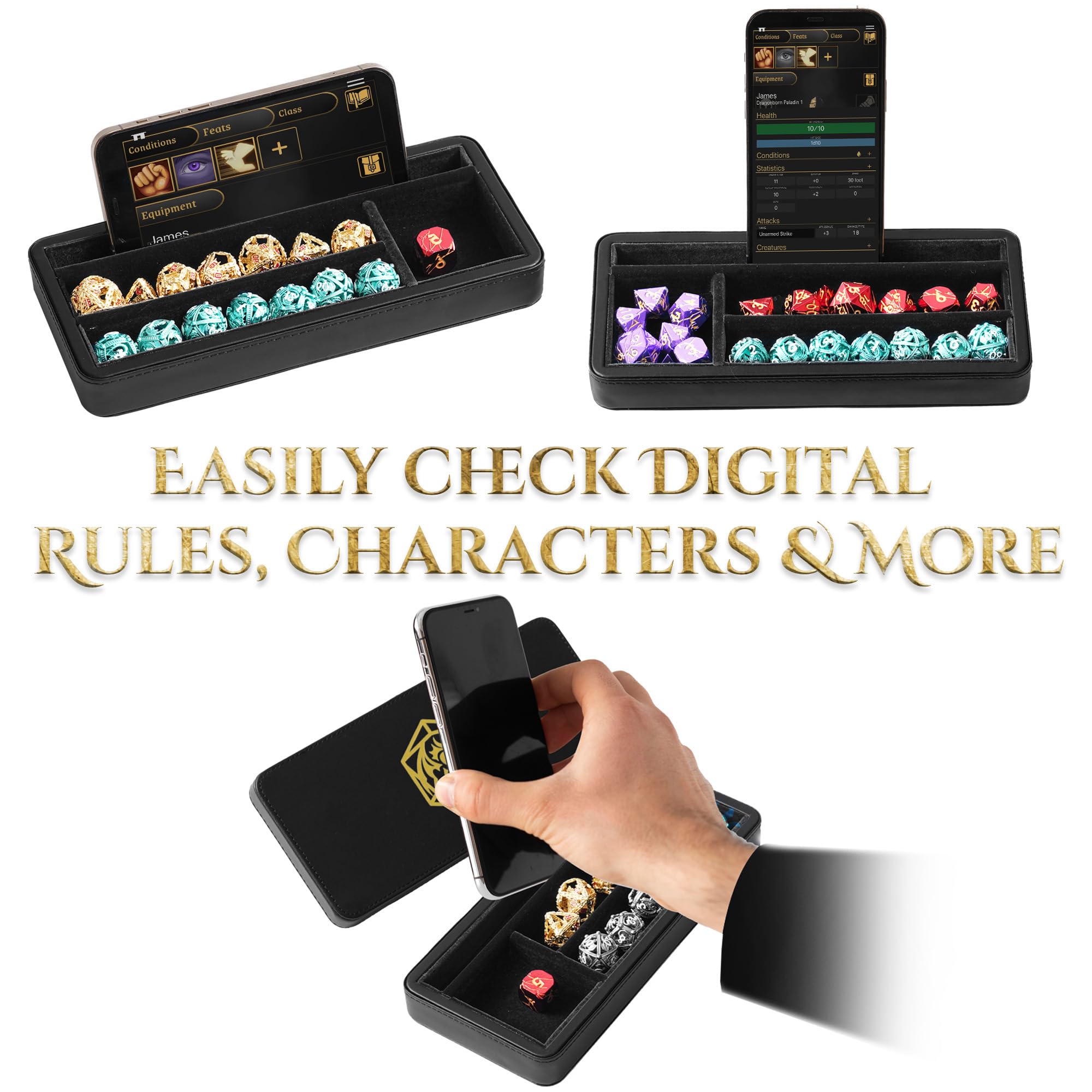 Premium Sanctum Dice Box for DND & RPG - Magnetic Lid Felt-Lined Storage Case with Dice Tray, Phone/Pen Slot - Perfect for Tabletop Gaming, Dungeons & Dragons Accessories, and Role-Playing Game Sessions