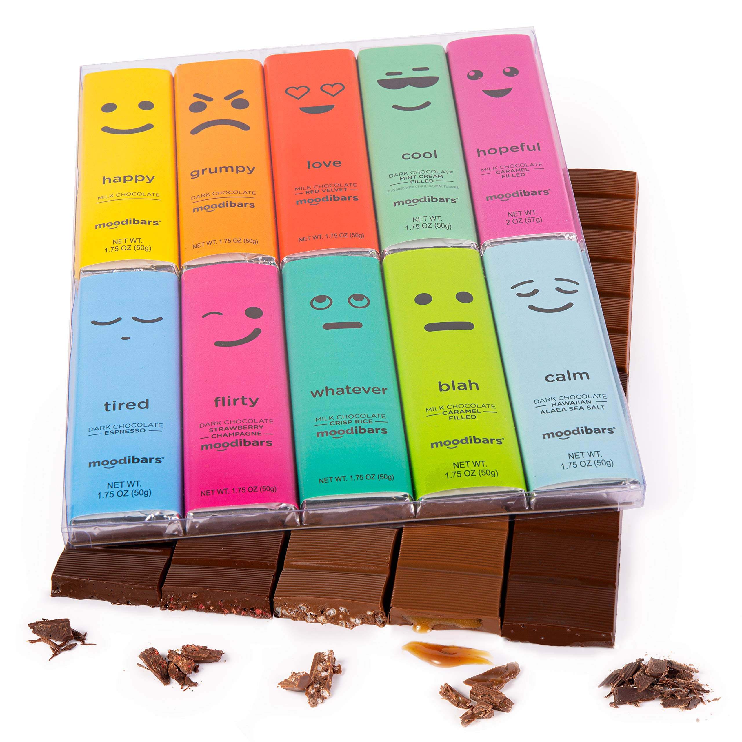 Moodibars Chocolate Candy Variety Pack - 10 Gourmet Assorted Milk & Dark Chocolate Snacks | Christmas Holiday Gift Basket | Birthday Gifts for Friends & Kids | Perfect for Office Parties, Get Well Presents & Family Gatherings