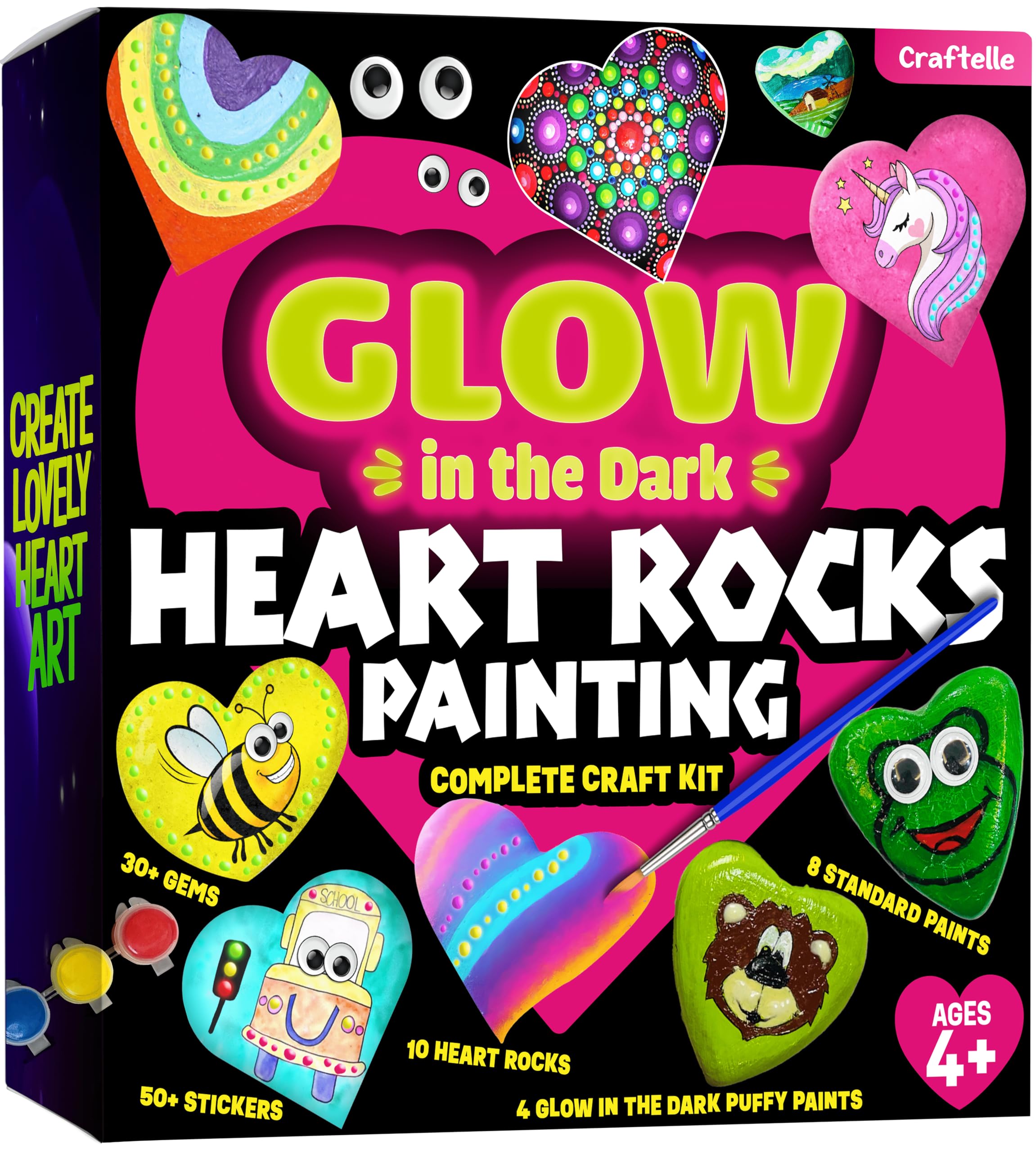 Glow in The Dark Hearts Rock Painting Kit - Arts and Crafts for Kids Ages 4-12 - Creative DIY Art Toys for Girls & Boys - Perfect for Easter, Birthday Gifts & Indoor Activities - Fun Craft Kits for 5 6 7 8 9 10 11 12 Year Old Children - Great for Party Favors, Classroom Projects & Family Bonding Time