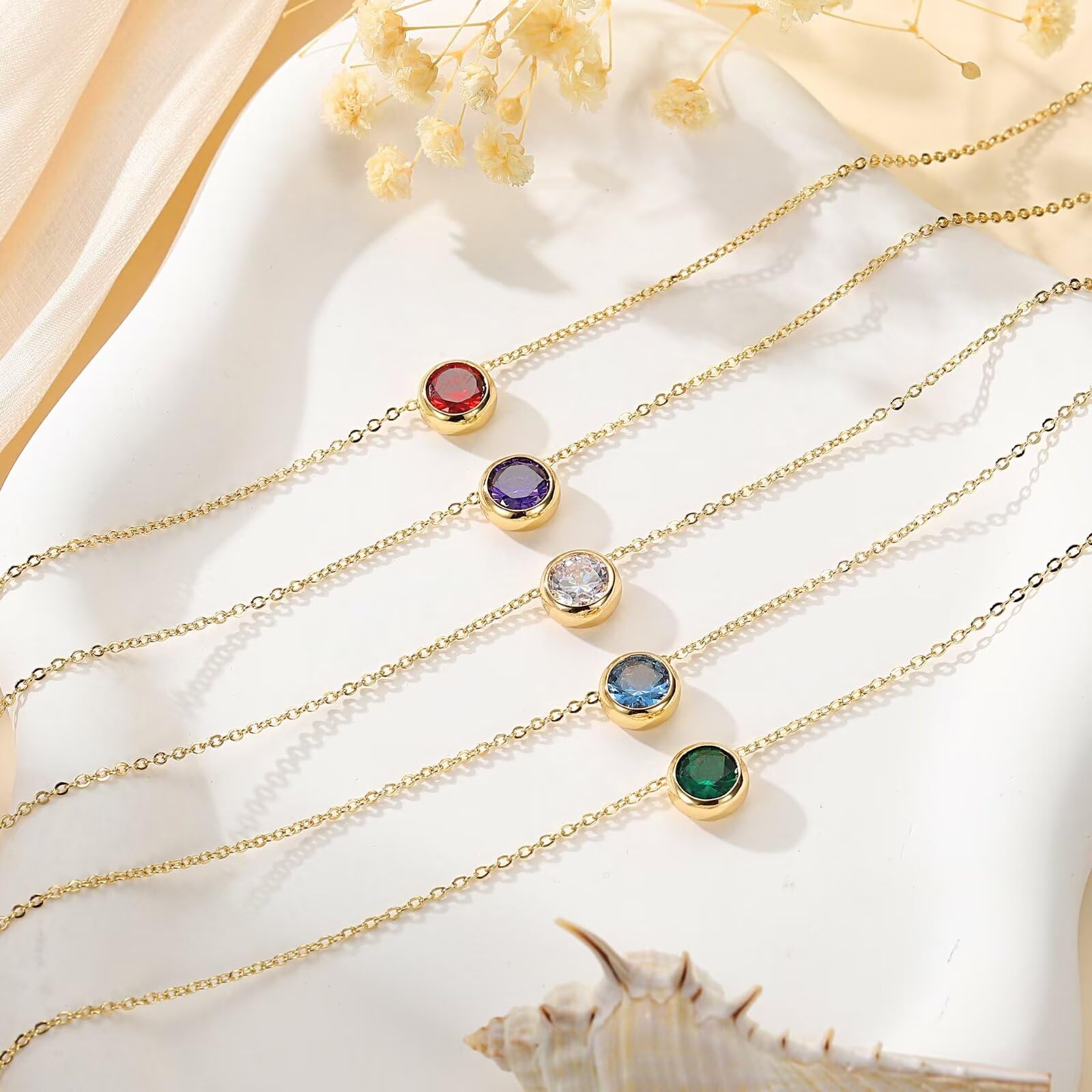 14K Gold Plated Birthstone Necklace for Women - Dainty Red, Blue, Green Diamond & Emerald Pendant Jewelry | 12 Month Birthstone Gift for Women, Teen Girls | Perfect for Birthdays, Anniversaries & Special Occasions