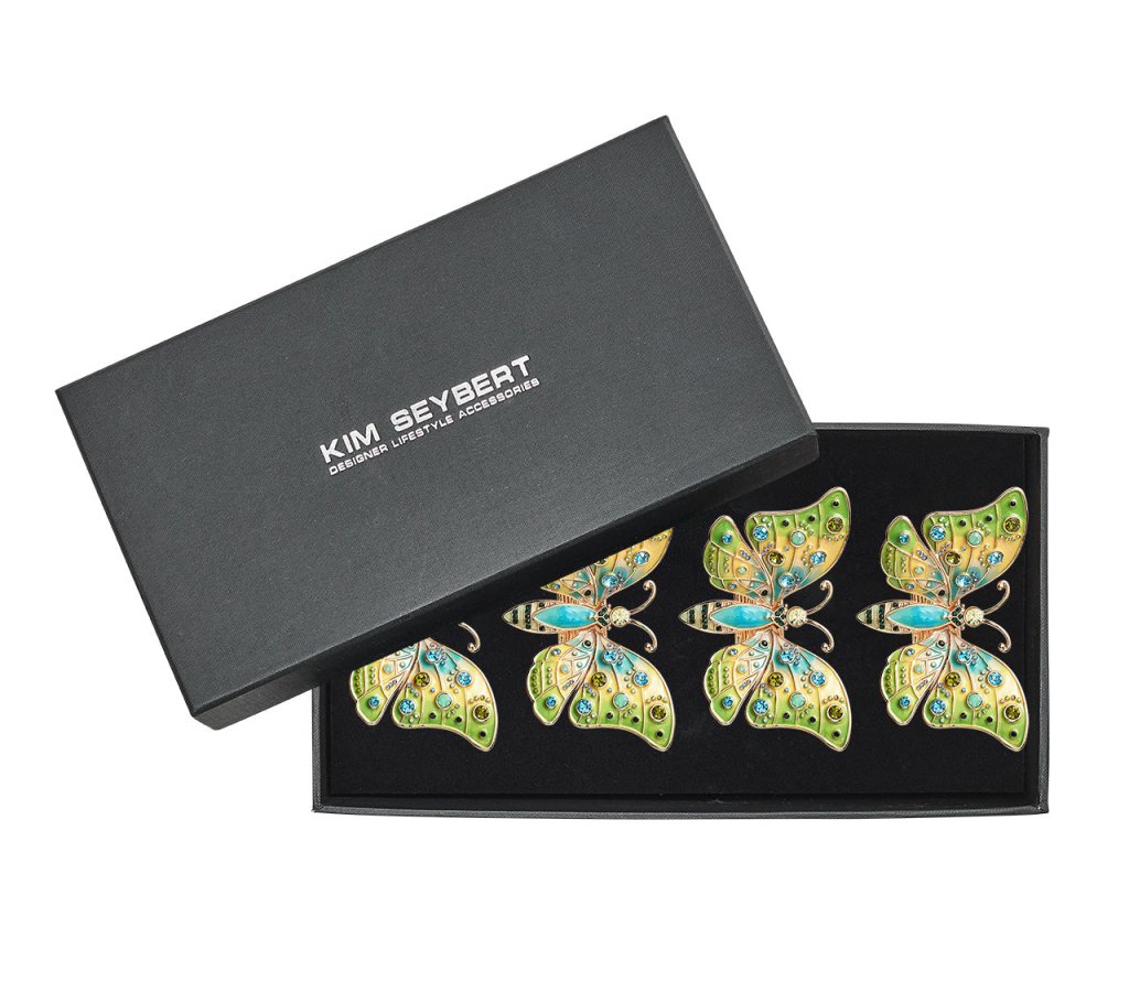 Arbor Napkin Ring Set of 4 - Blue & Green Cloth Napkin Holders in Gift Box for Wedding, Dinner Party & Holiday Table Decor