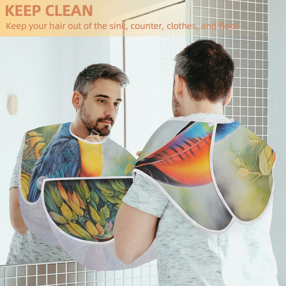 Parrot Leaves Summer Beard Shaving Bib for Men - Waterproof Barber Cape for Haircuts, Beard Trimming & Hair Dye - Sink Hair Catcher & Grooming Accessory - Perfect for Home Salon, Barber Shops & DIY Haircuts