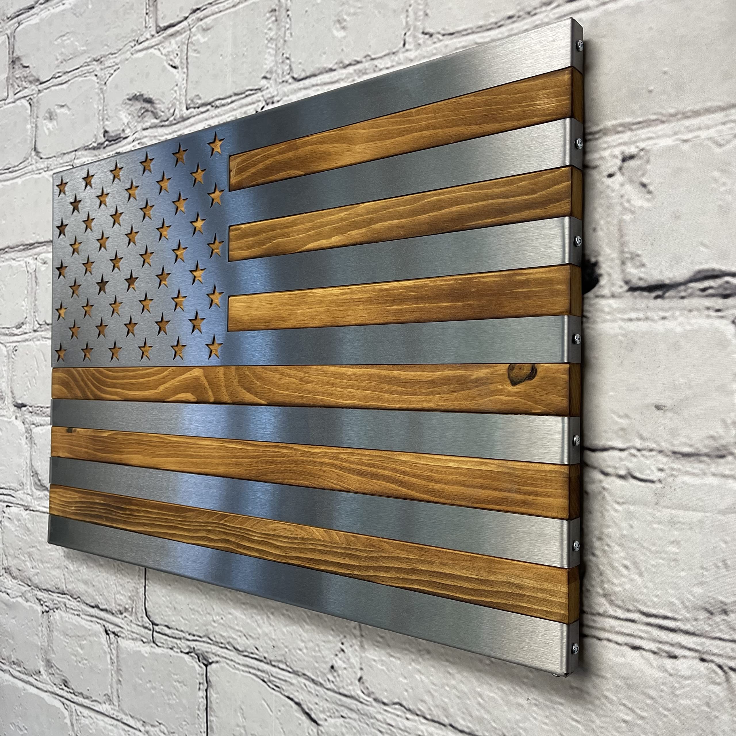 Burnt & Oiled Pine with Polished Steel Inlay American Flag Wall Art - Rustic Patriotic Home Decor for Living Room, Office & Man Cave