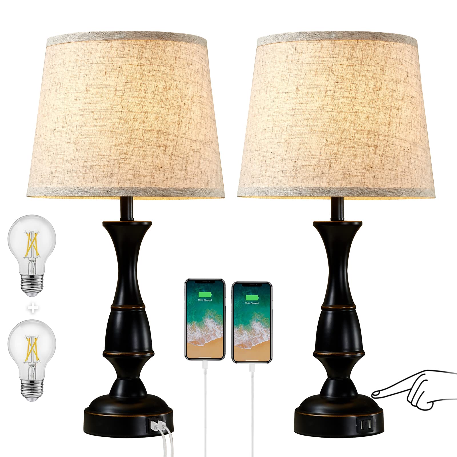 GyroVu Set of 2 Touch Control Table Lamps - 3-Way Dimmable Bedside Lamps with USB Charging Ports for Bedroom, Living Room & Office (Black, Bulbs Included) | Perfect for Night Reading, Home Decor & Workspace Lighting