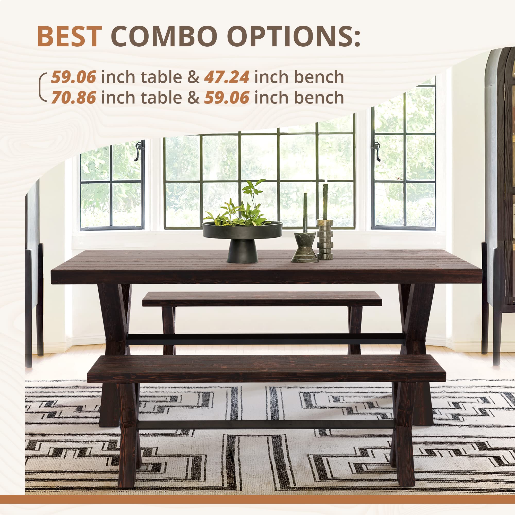 LUE BONA 47 Inch Solid Wood Dining Bench - Farmhouse Style Kitchen Bench with Natural Wood Grain - Heavy Duty Rectangular Dining Bench for Home, Kitchen & Dining Room - Dark Brown - Perfect for Farmhouse Decor, Breakfast Nook & Family Gatherings