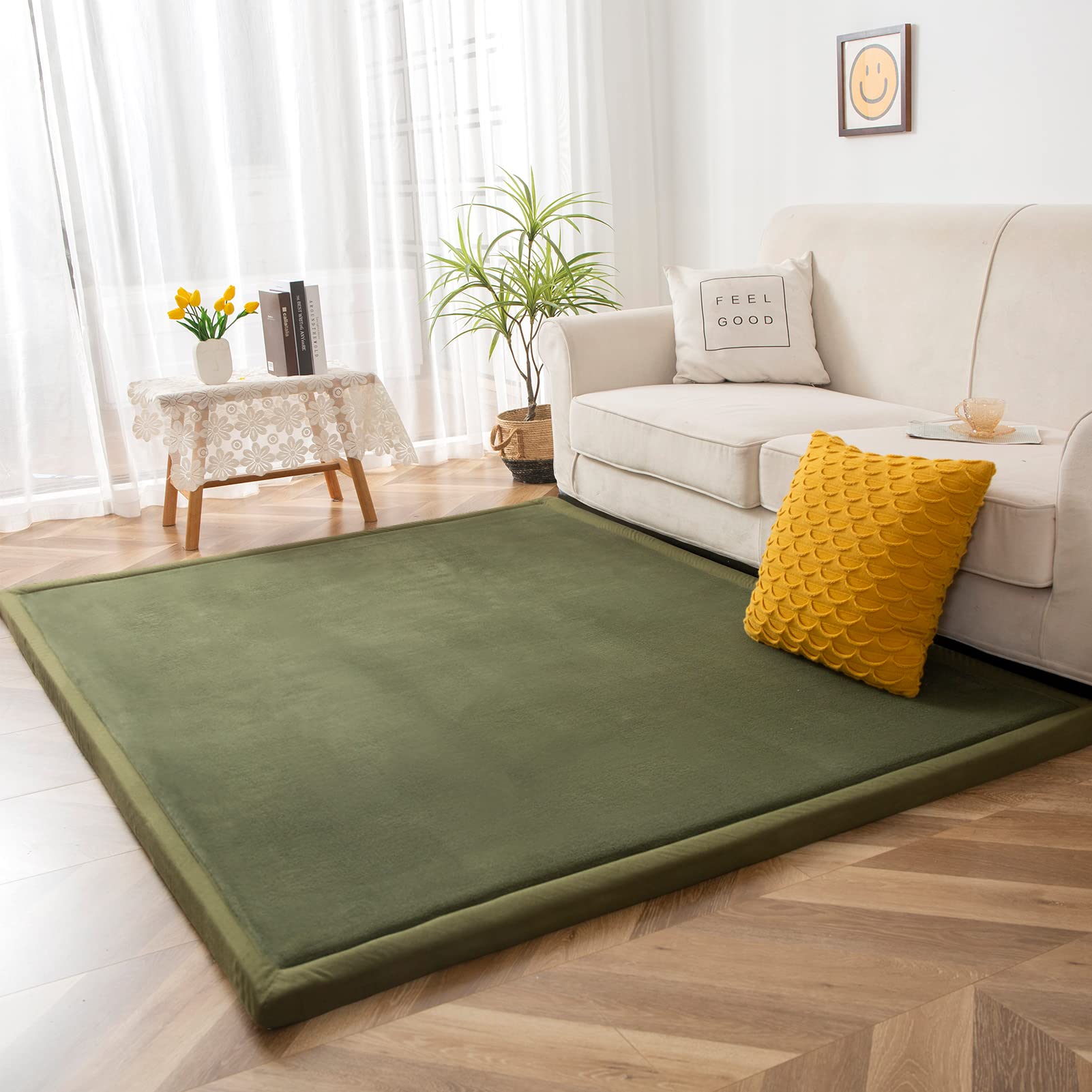 MAXYOYO Coral Velvet Area Rug - Thick Japanese Tatami Mat with Non-Slip Backing, Large Solid Color Living Room Carpet for Bedroom, Dorm, Yoga & Meditation (78x118 inches, Olive Green) - Perfect for Cozy Home Decor, Floor Seating & Relaxation Spaces