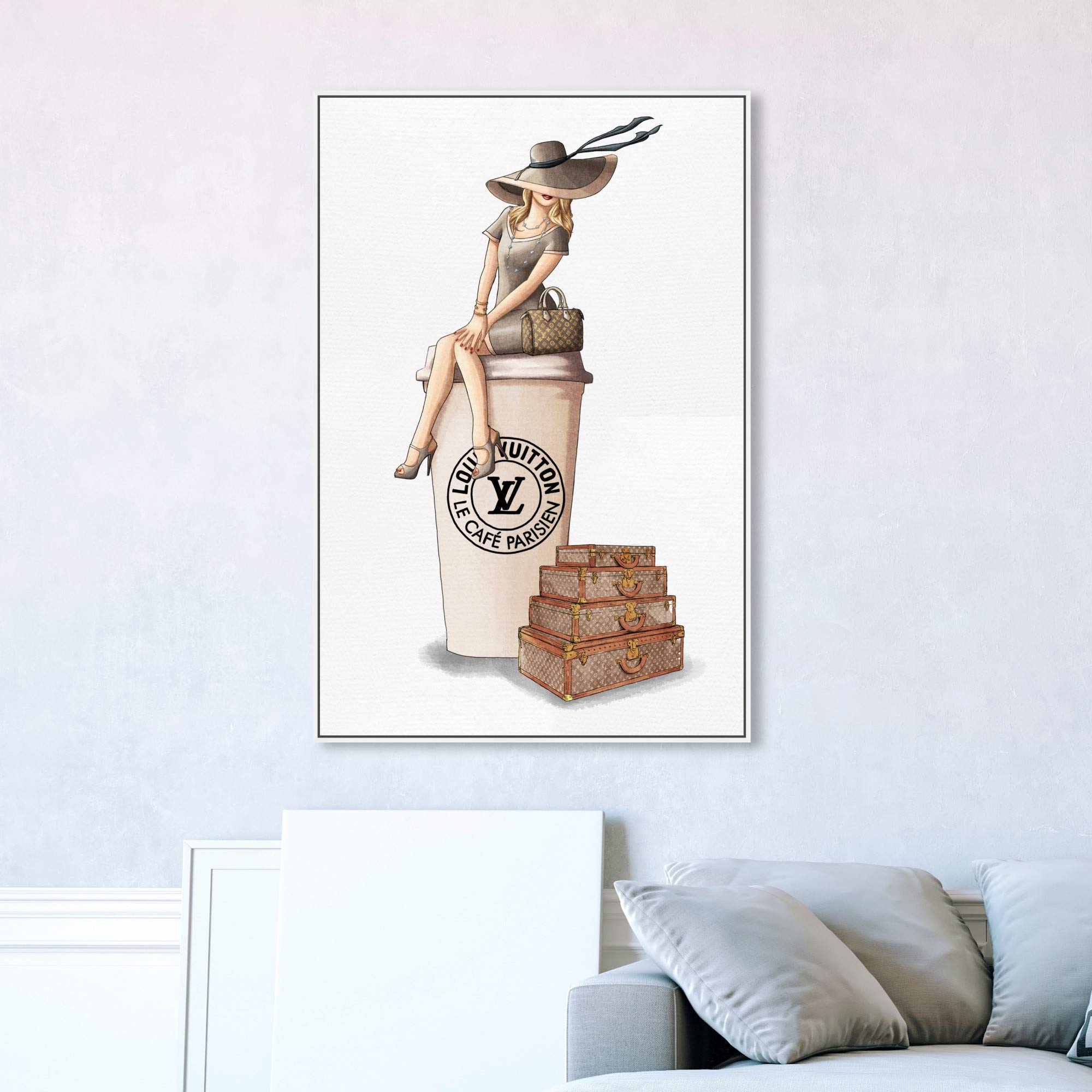 Oliver Gal Artist Co. 'Cafe au Lait Paris' Fashion Wall Art - 30x45 Inch Framed Canvas Print in Brown | Handbag & Glam Decor for Living Room, Bedroom, Office
