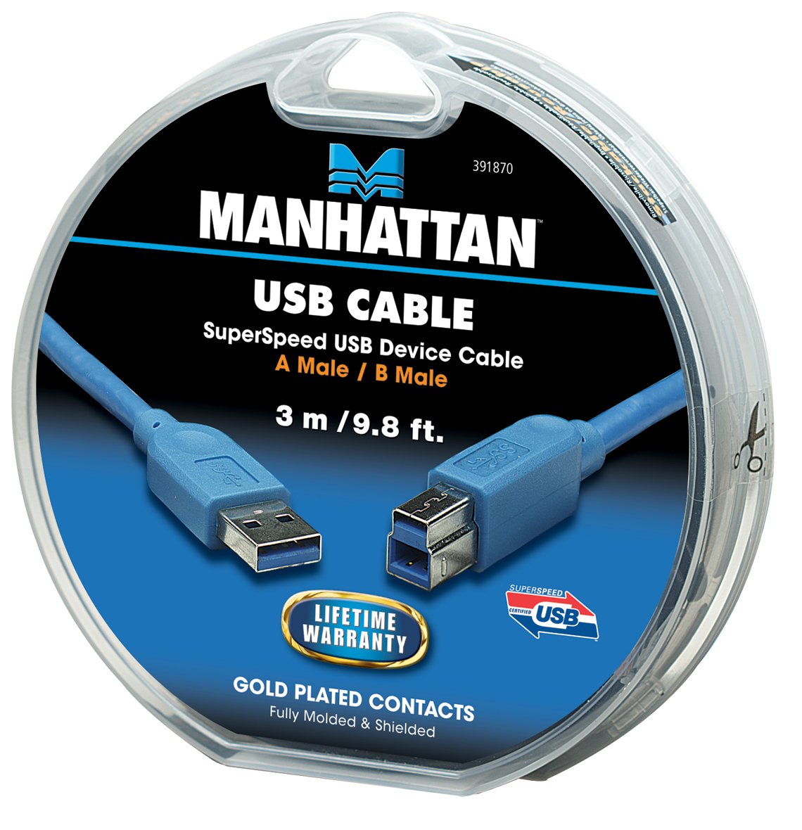 Manhattan 391870 A-Male to B-Male USB 3.0 SuperSpeed Cable (10 Feet) - High-Speed Data Transfer for Printers, Scanners & External Hard Drives