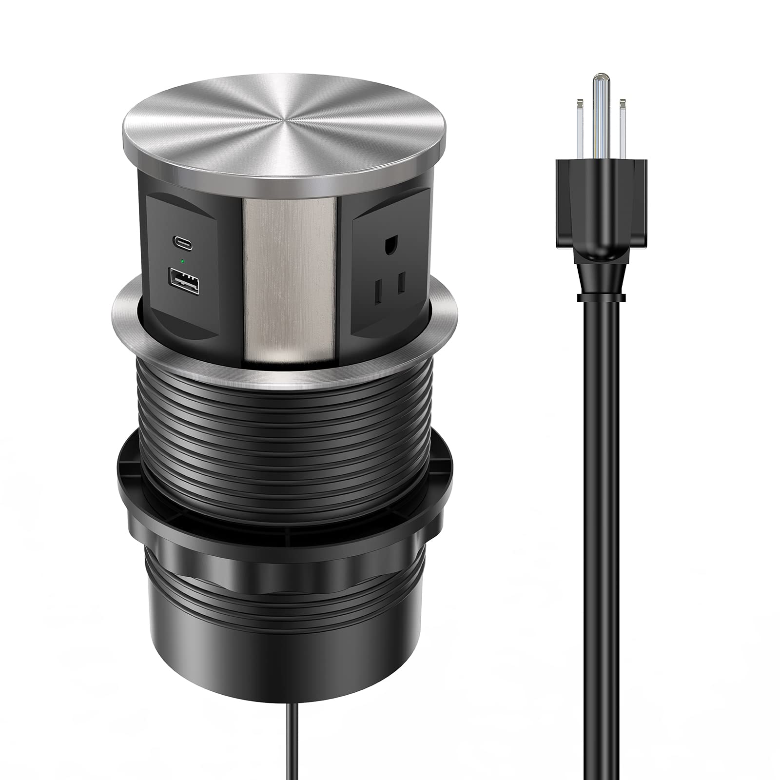 QBA Pop Up Outlet with 3 AC Outlets & Dual USB Ports (USB-A/USB-C) - Retractable Recessed Power Strip for Countertop - Perfect for Office, Kitchen Island, Home Bar & Workspace - Space Saving Black Electrical Outlet