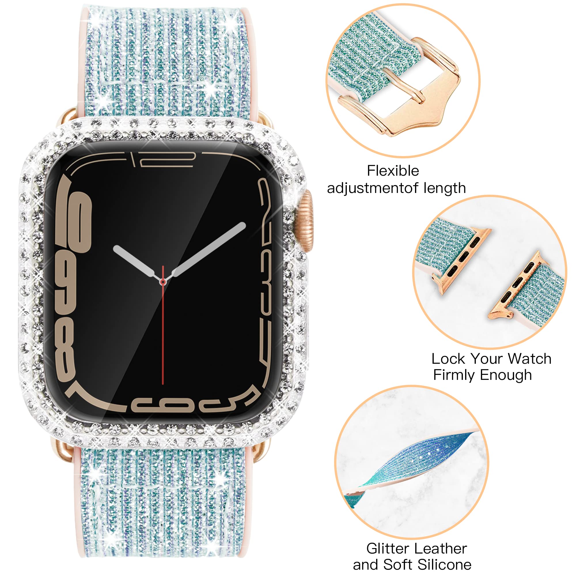 Sparkle Silicone Apple Watch Band 40mm 44mm 41mm 45mm Compatible with iWatch Series 9/8/7/6/SE/5/4 - Glitter Leather Strap for Women, Elegant Sporty Soft Bracelet for Workout, Office & Daily Wear