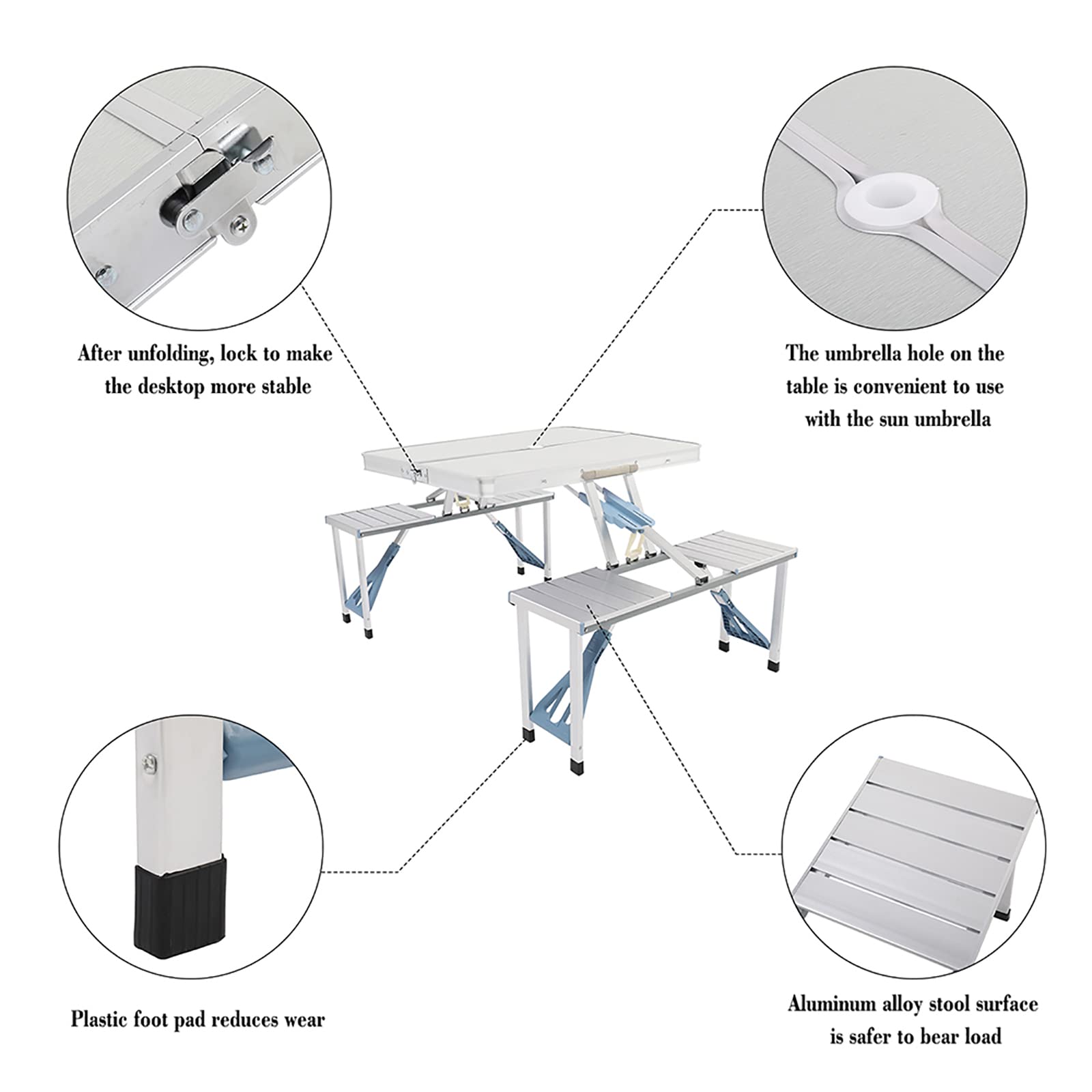 Portable 4-Seat Folding Aluminum Picnic Table with Chairs Set - Lightweight Outdoor Dining Furniture with Umbrella Hole - Perfect for Camping, BBQ, Beach Parties & Backyard Gatherings - Easy to Carry & Store