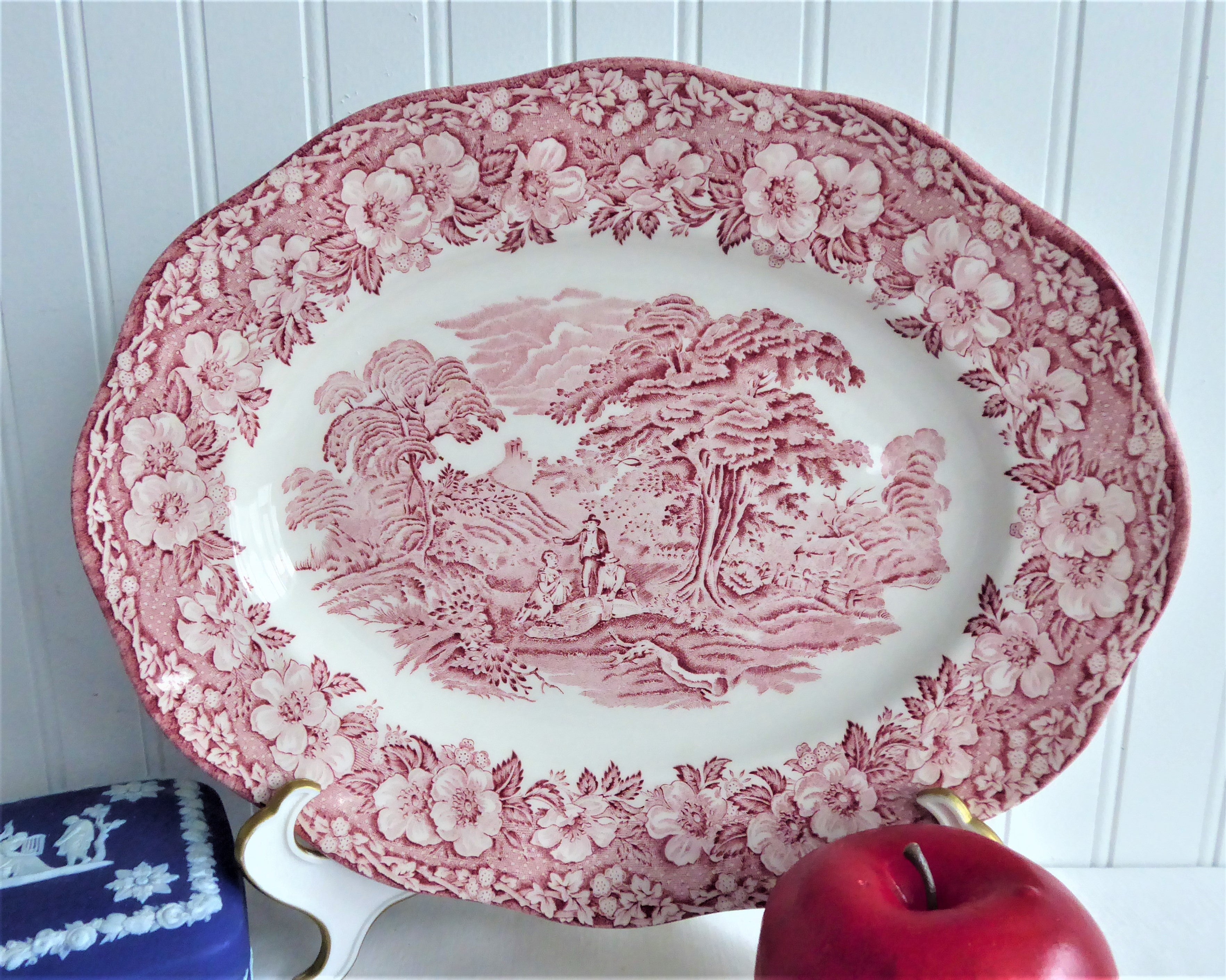 Vintage Wedgwood Ironstone Platter - Woodland Pink & Red Transferware Oval Dish, E Pattern, 1960s | Perfect for Farmhouse Dining, Tea Parties & Antique Collectors
