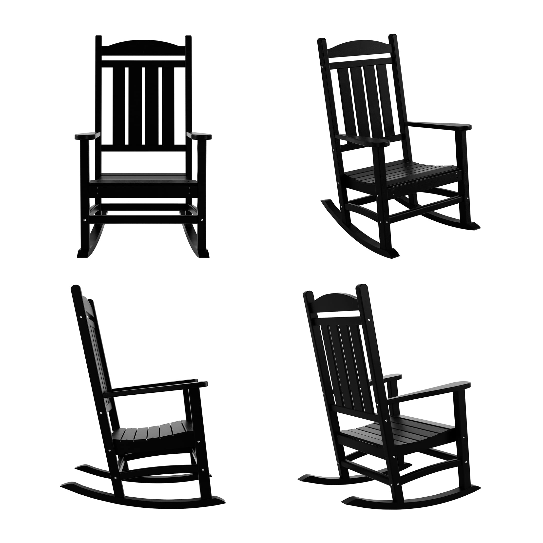WO Home Furniture 4-Piece Patio Rocking Chair Set - Traditional Outdoor HDPE Rocking Chairs with UV & Weather Resistance (Black) - Perfect for Backyard, Garden, Porch & Poolside Relaxation