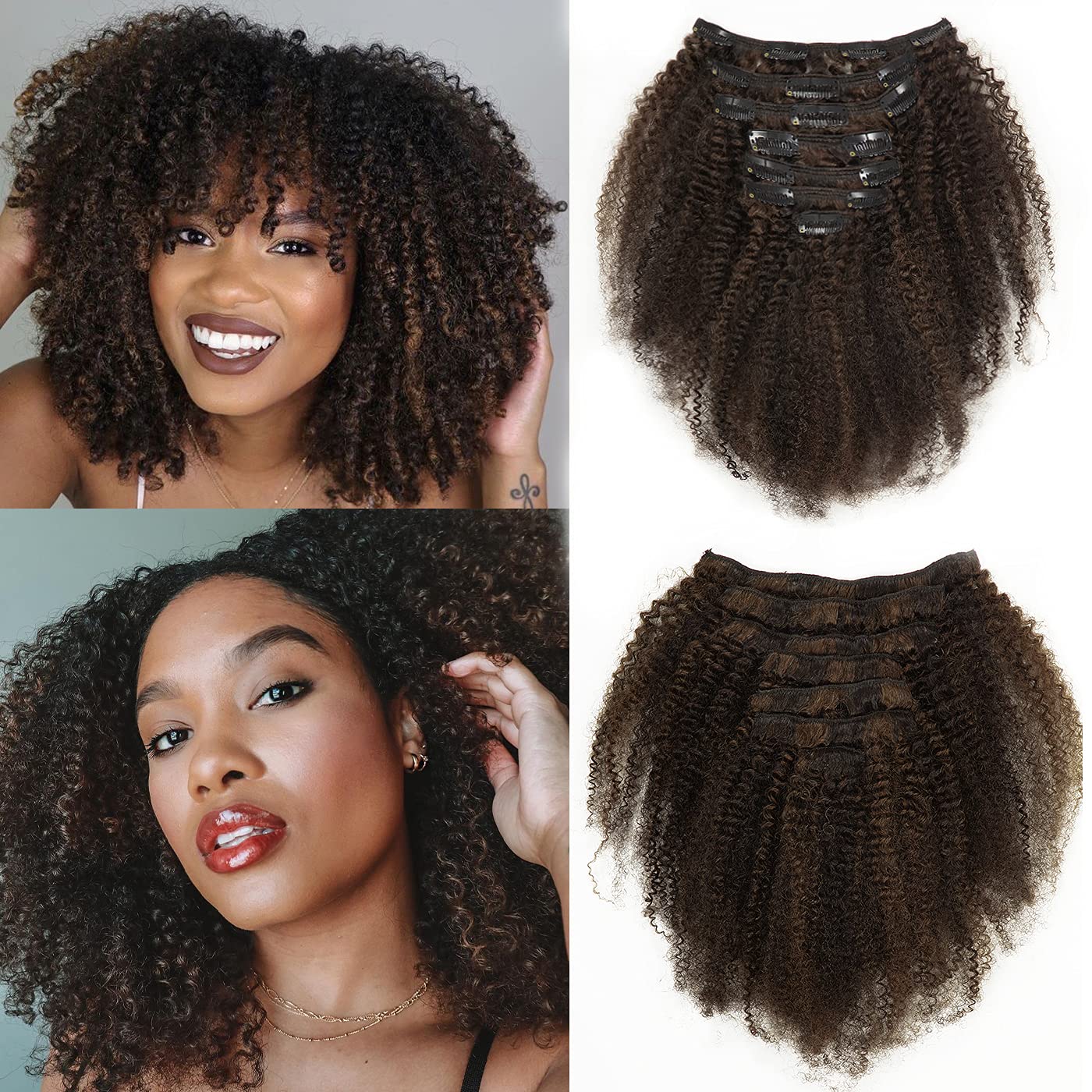 Caliee 20Inch Clip In Human Hair Extensions 4B Afro Kinky Curly - 100% Remy Human Hair Weave for Black Women - Natural Dark Brown Highlighted Thick Hair Extensions | Perfect for Daily Styling, Special Occasions & Protective Hairstyles