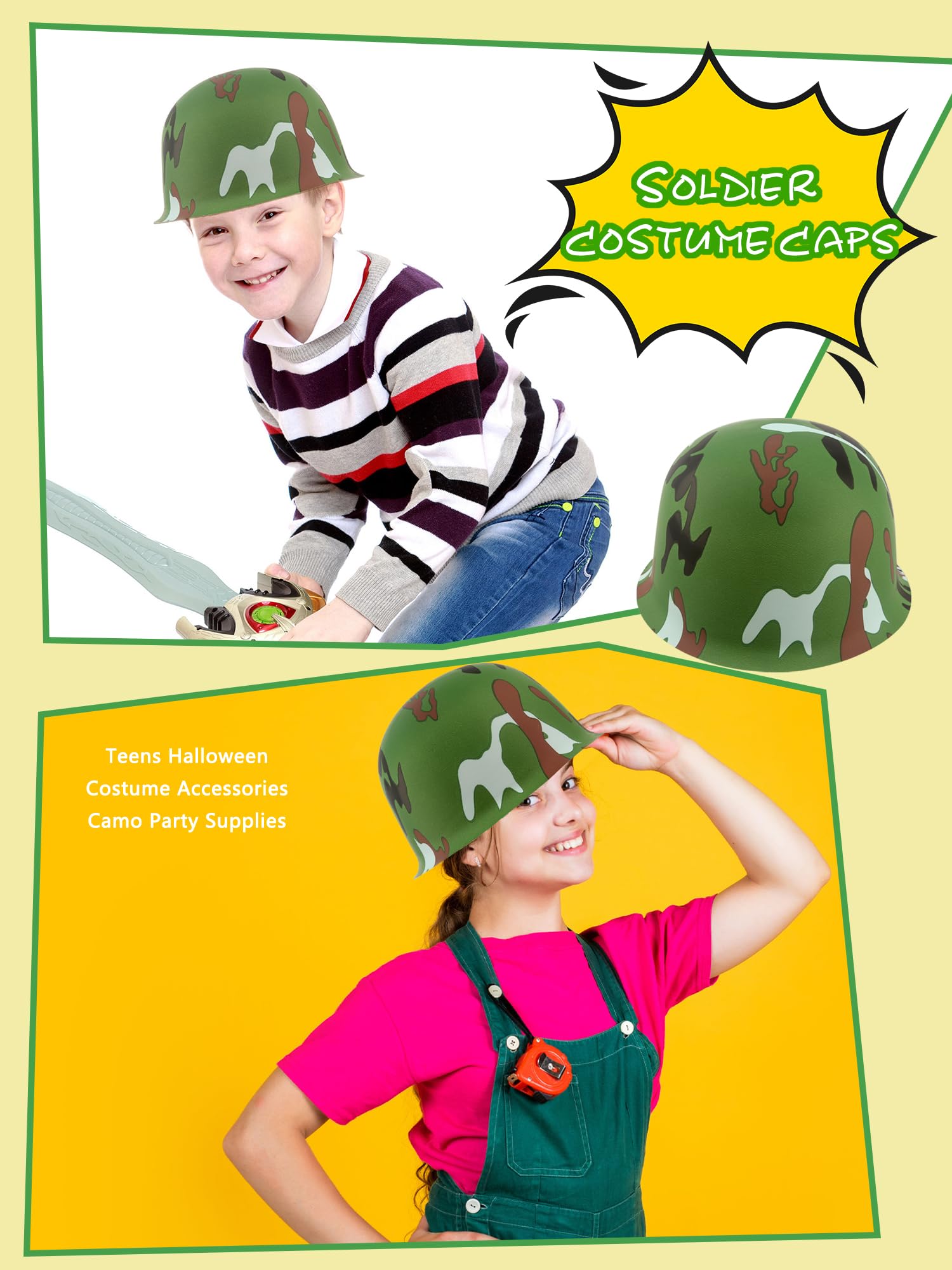 48 Pack Kids Army Helmets - Plastic Camouflage Soldier Hats for Boys & Girls - Halloween Costume Accessories & Camo Party Supplies - Perfect for Dress-Up, Role Play, and Military Themed Parties