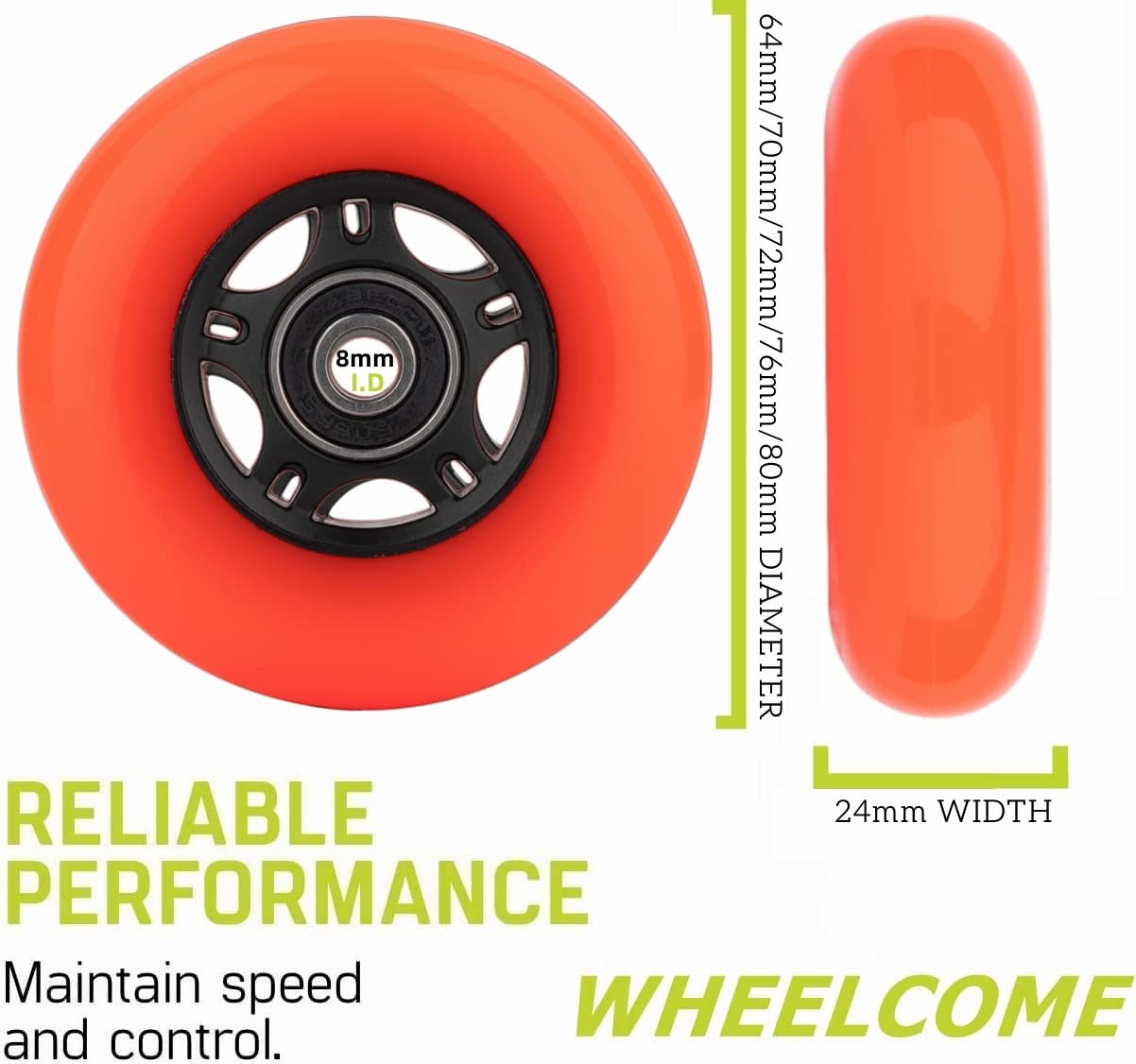 High-Performance Inline Skate Wheels with ABEC-9 Bearings & Floating Spacers - 85A Durometer for Indoor/Outdoor Roller Hockey Skates - 64mm/70mm/72mm/76mm/80mm Diameter - 4-Pack (Orange, 64mm) - Perfect for Speed Skating, Roller Hockey, and Fitness Training