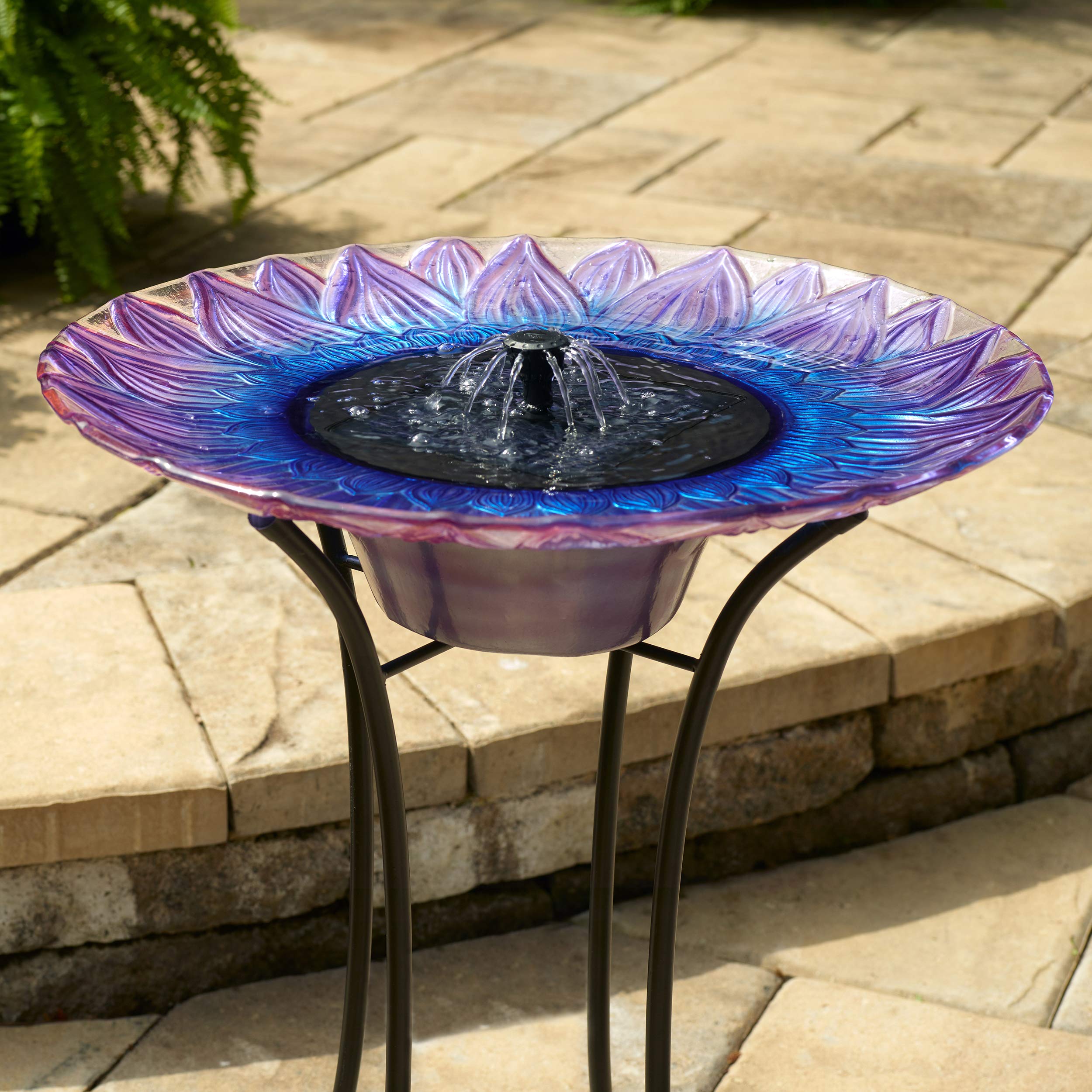Smart Solar-Powered Birdbath Fountain with Patented Solar Panel & Pump System - Hand-Painted Glass Flower Design on Metal Stand (Blue/Purple) - Perfect for Garden, Patio, Yard Decoration & Attracting Birds