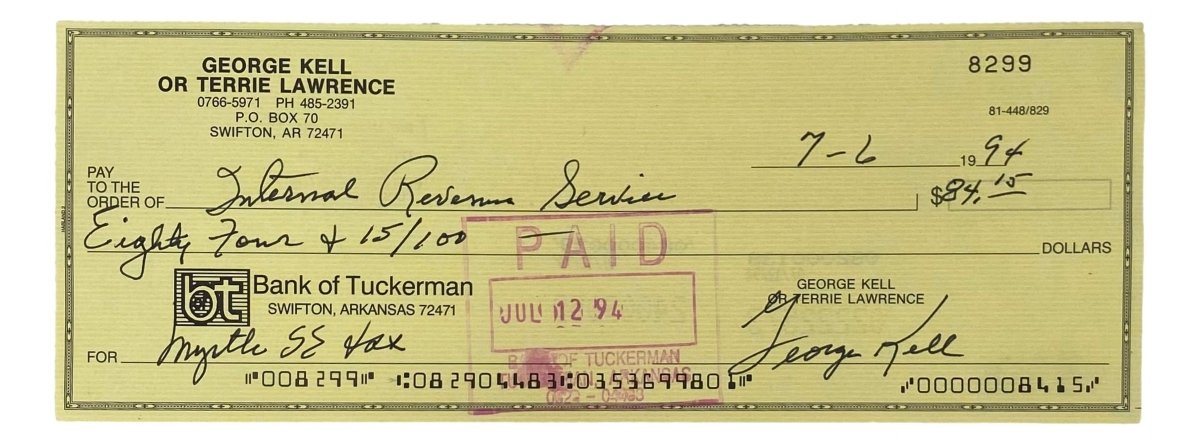 Authentic George Kell Detroit Tigers Autographed Bank Check #8299 - Rare Baseball Memorabilia for Collectors & Fans - Perfect for Display in Home, Office, or Sports Memorabilia Collection