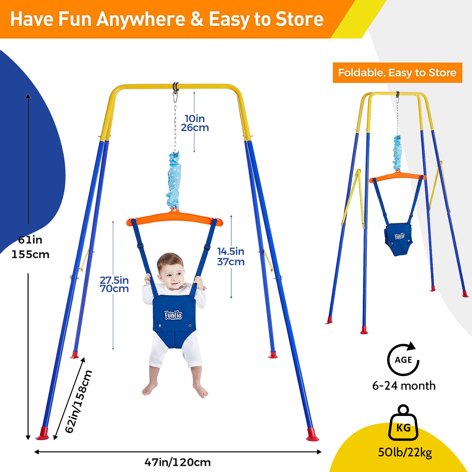 **FUNLIO Baby Jumper with Stand for 6-24 Months – Adjustable Infant Jumper for Boys & Girls – Indoor & Outdoor Play – Easy Assembly & Storage – Perfect for Playtime & Developmental Activities**