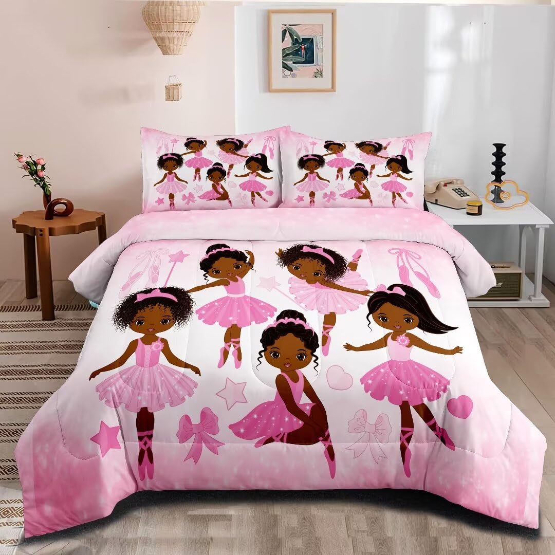 **Pink Ballerina Comforter Set Full Size - African American Black Girl Bedding, Cute Ballet Princess Comforter & Bedspread for Kids & Toddler Girls - Perfect for Bedroom Decor & Themed Nursery**    *(Use Case: Ideal for little girls' bedrooms, nursery decor, ballet-themed rooms, or as a cozy gift for birthdays and holidays.)*