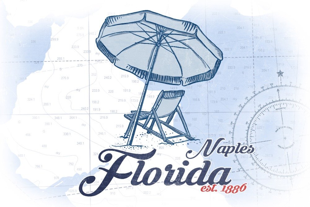 Florida Coastal Wall Art - Naples Beach Chair & Umbrella Metal Sign (12x18 Gallery Quality Aluminum Decor) - Perfect for Beach House, Coastal Living Room, or Vacation Home Decor
