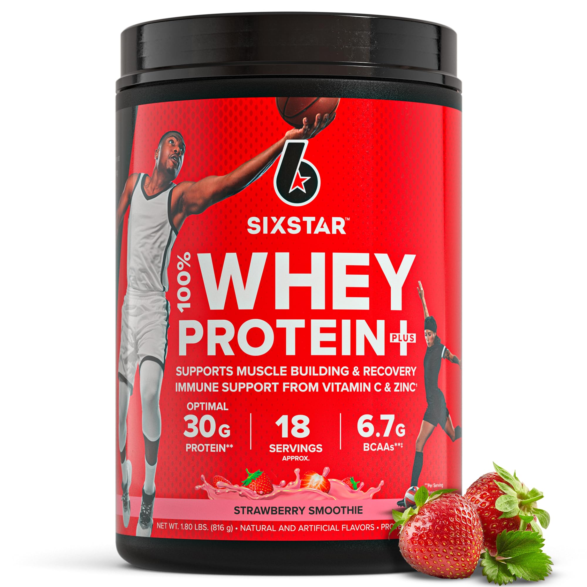 Six Star Whey Protein Powder Plus - Muscle Building & Recovery Formula with Whey Isolate, BCAAs, 30g Protein - Post Workout Supplement for Men & Women - Strawberry Smoothie Flavor, 1.8 lbs (30 Servings) - Ideal for Gym, Fitness & Muscle Recovery