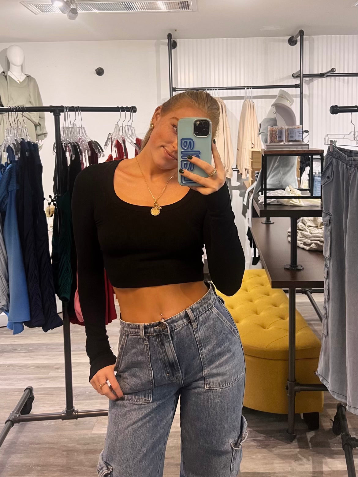 24/7 Cropped Black Long Sleeve Baby Tee - Women's Trendy Casual Top for Streetwear, Layering & Everyday Outfits