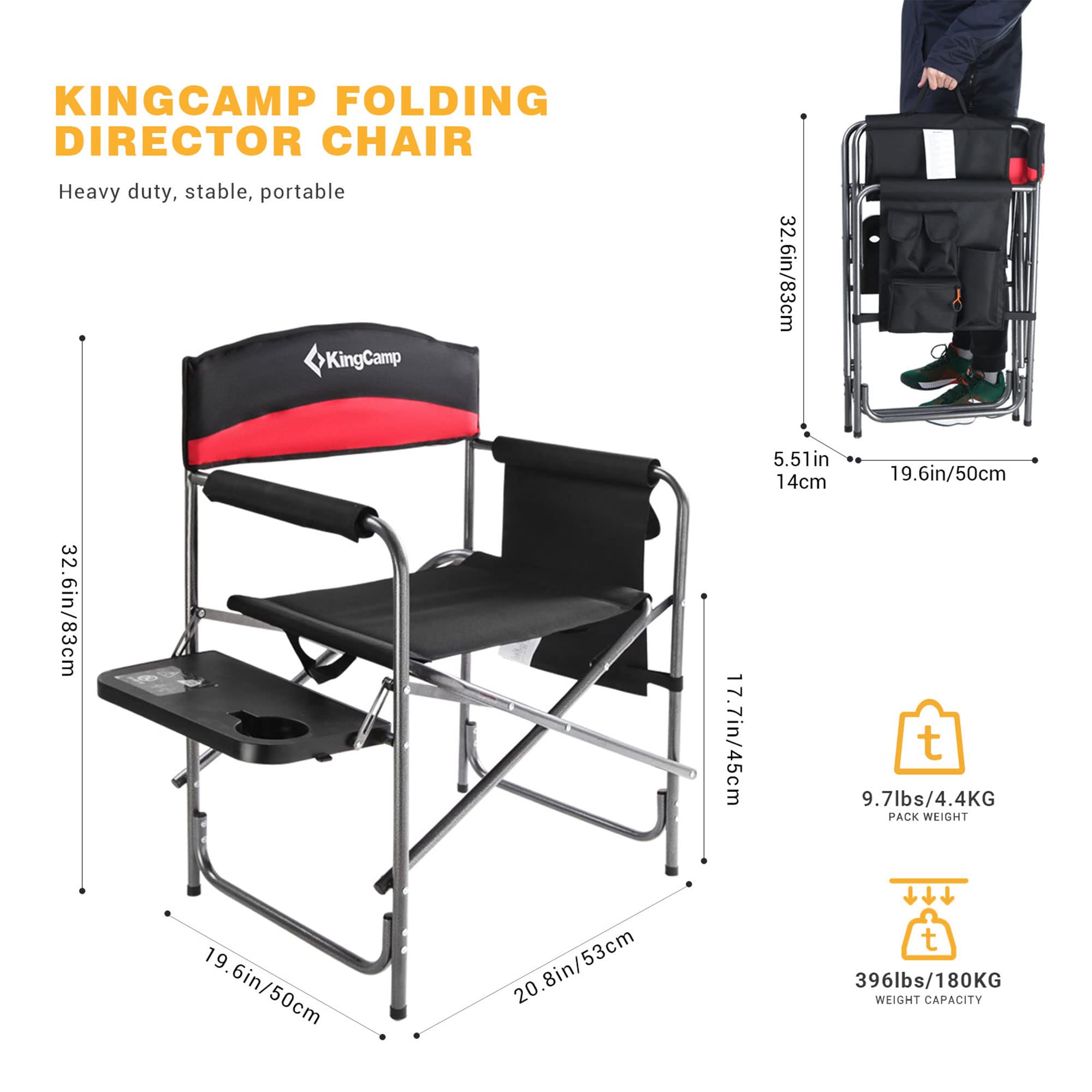 KingCamp 2-Pack Heavy Duty Folding Director Chairs with Side Table & Storage Pouch - Portable Outdoor Camping Chairs for Patio, Beach, Picnic, Backyard & Tailgating (Red)