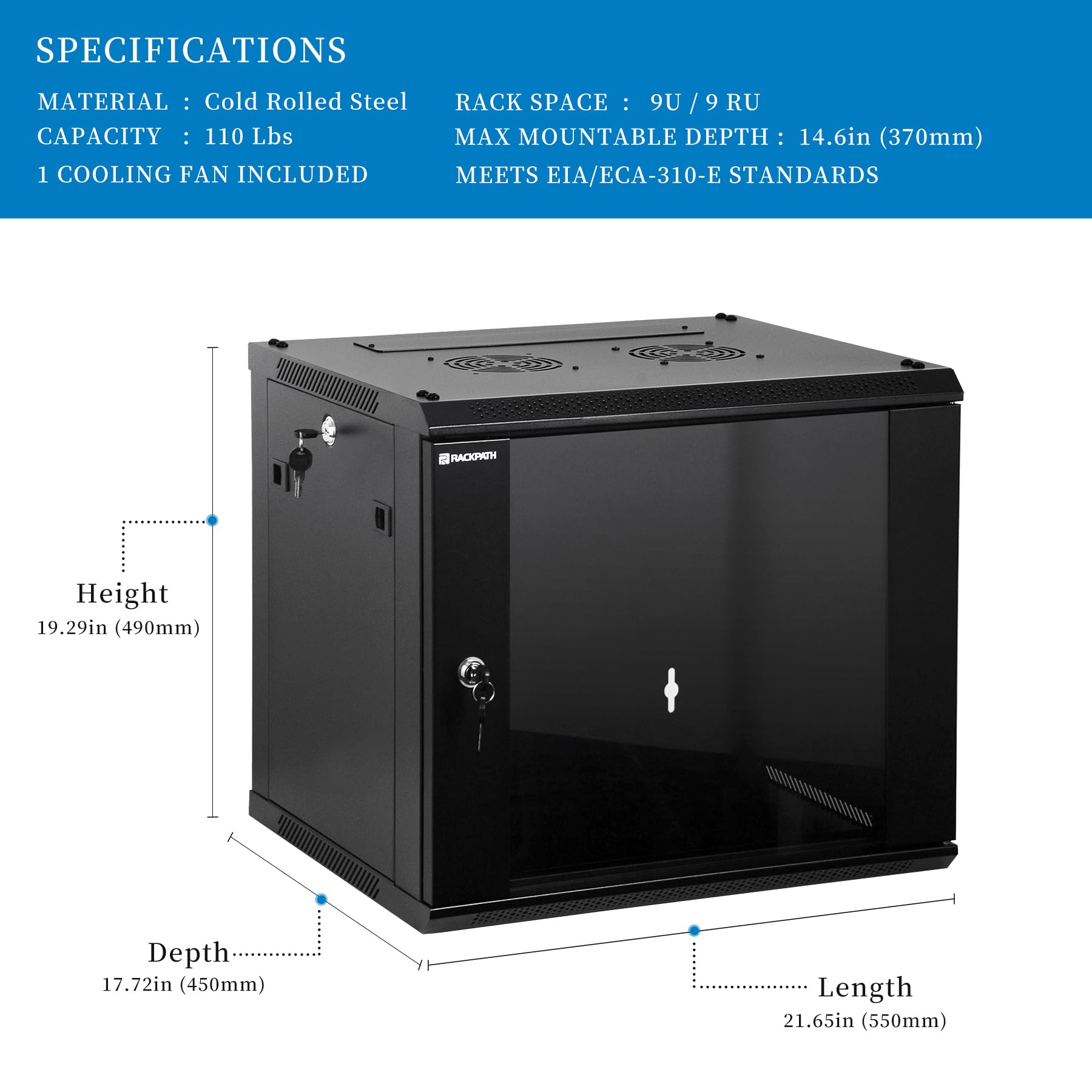 9U Wall Mount Server Cabinet - Heavy Duty Network Rack Enclosure with Quiet Cooling Fans, Locking Tempered Glass Door (Black) - Ideal for Data Centers, Server Rooms & Home Office Network Setup