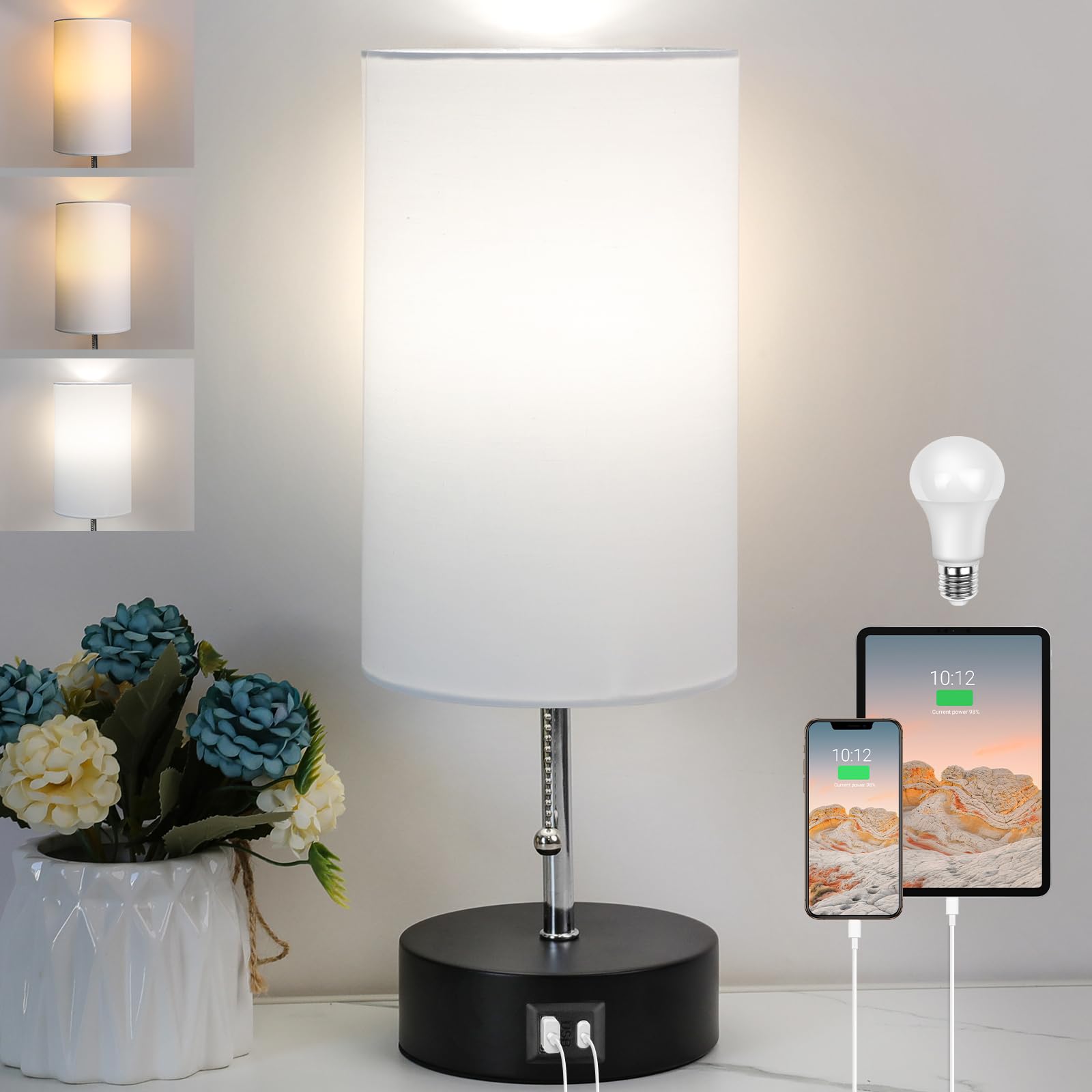 ROTTOGOON 3-Color Adjustable Table Lamp with USB A & C Ports, LED Bedside Nightstand Lamp for Bedroom, Living Room, Office, and Study Desk (White)