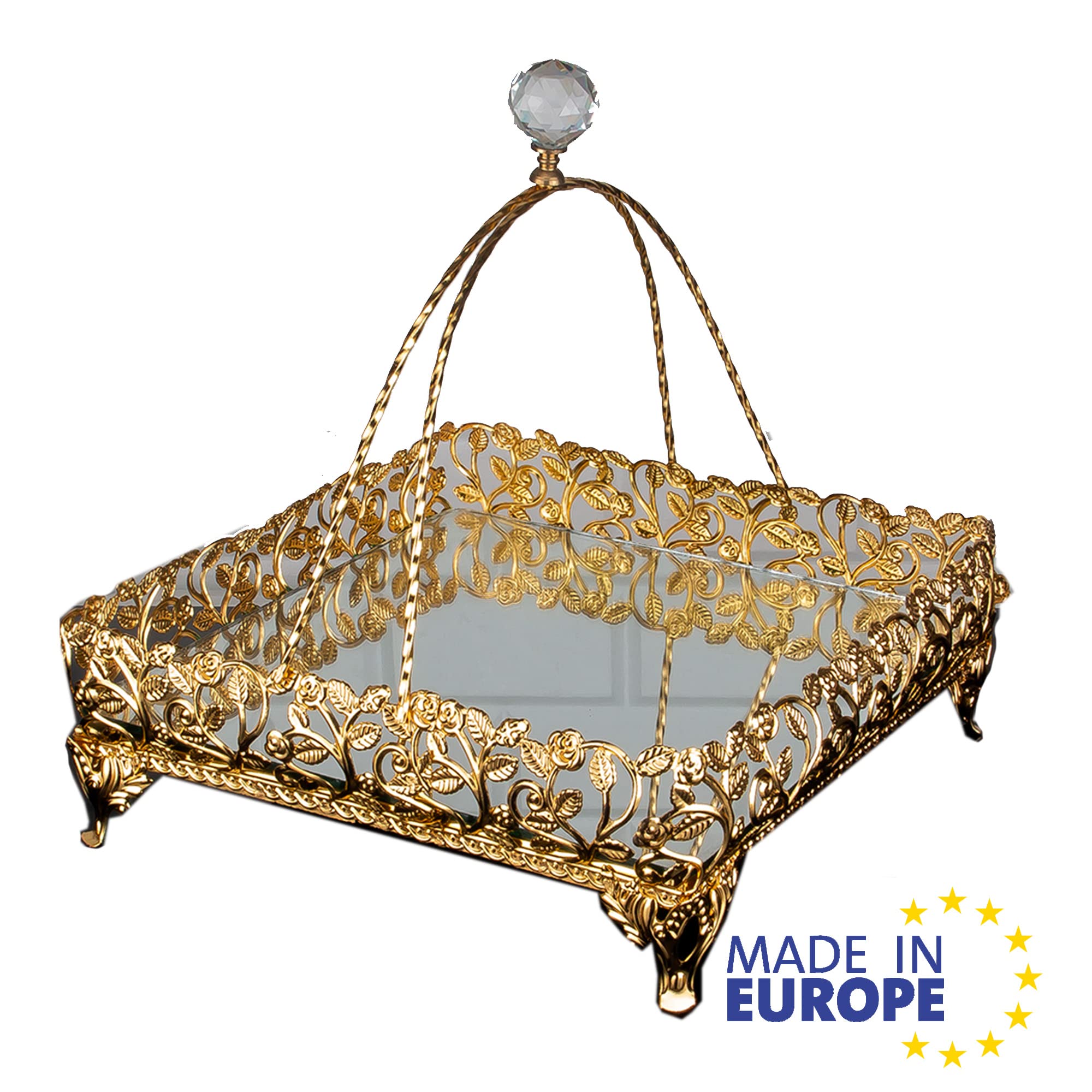 Handcrafted Gold Metal Filigree Mirror Tray - Small Square Vanity Organizer for Perfume, Jewelry & Makeup | Elegant Bathroom & Dresser Decor, Perfect Gift for Women