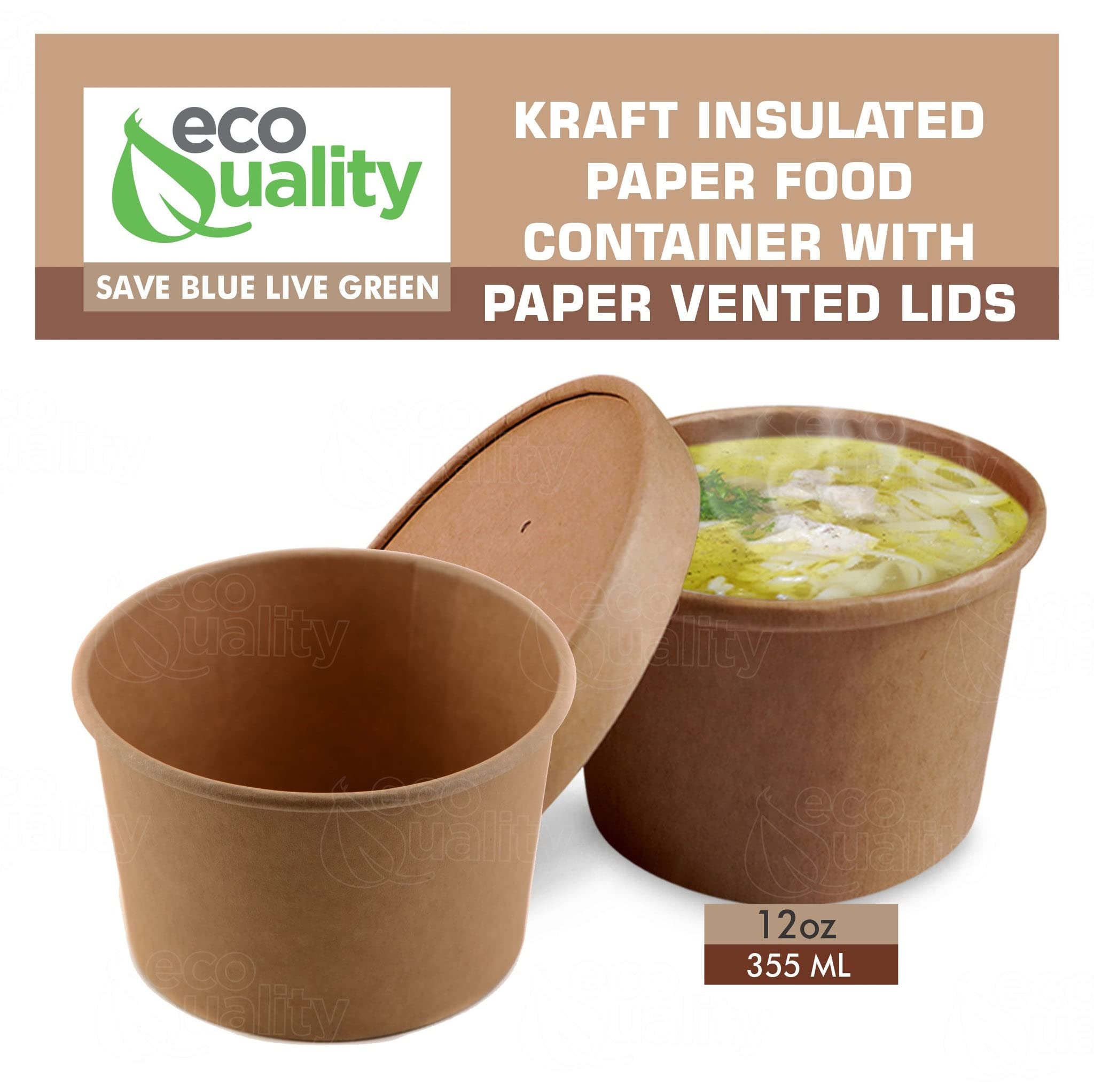 EcoQuality [25 Pack] 12 oz Disposable Kraft Paper Soup Containers with Vented Lids - Microwave Safe Takeout Food Storage for Ice Cream, Frozen Yogurt, Restaurants & Catering | Eco-Friendly Recyclable Containers for Hot/Cold Foods, Picnics & Meal Prep