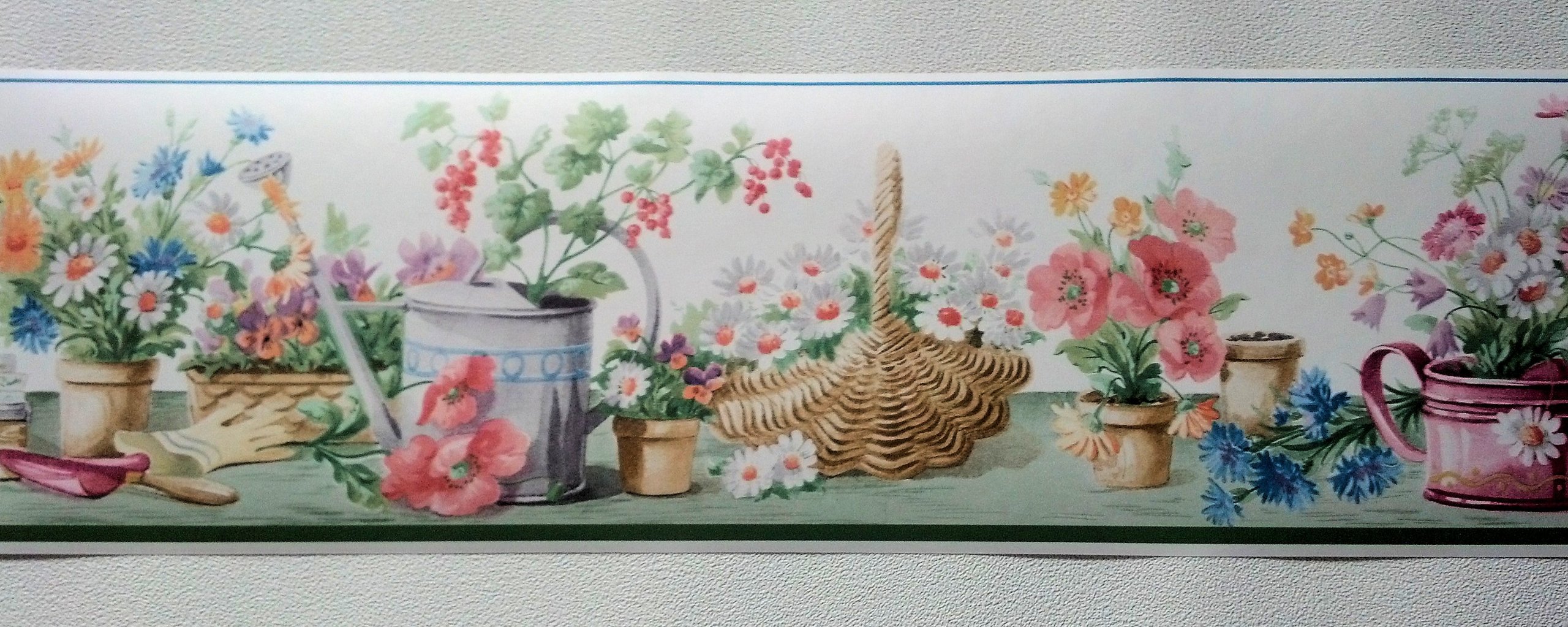 Green Gardening Flowers Watering Can Wallpaper Border - Decorative Home Wall Stickers for Kitchen, Bathroom & Nursery Decor