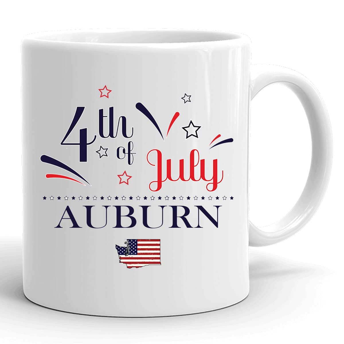 Custom Personalized 11oz White Coffee Mug with USA Flag Design - Happy 4th of July Gift for Auburn Washington - Independence Day Cup for Home, Office & Gifting
