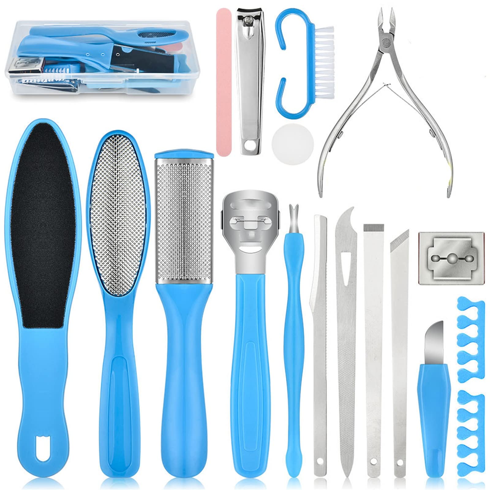 21 in 1 Professional Pedicure Kit - Stainless Steel Foot Callus Remover, Dead Skin & Callus Rasp for At-Home Foot Care - Electric Callus Remover for Smooth Feet - Perfect for Spa, Salon & Personal Use (Blue)