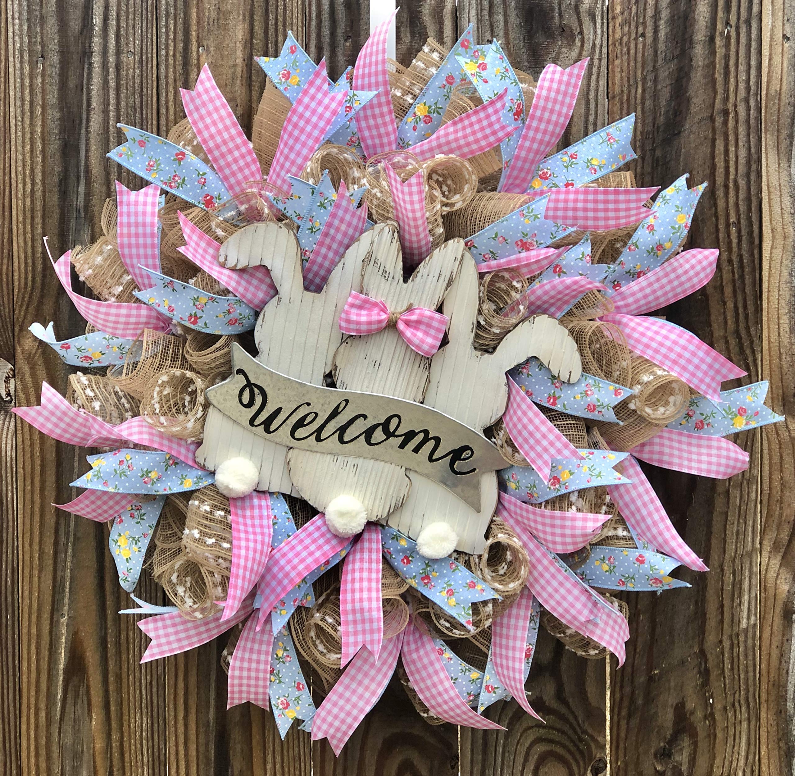 Rustic Spring Easter Bunny Wreath - Handmade Easter Door Decor with Burlap Bow - Perfect for Front Door, Mantel & Spring Home Decor - FREE Shipping