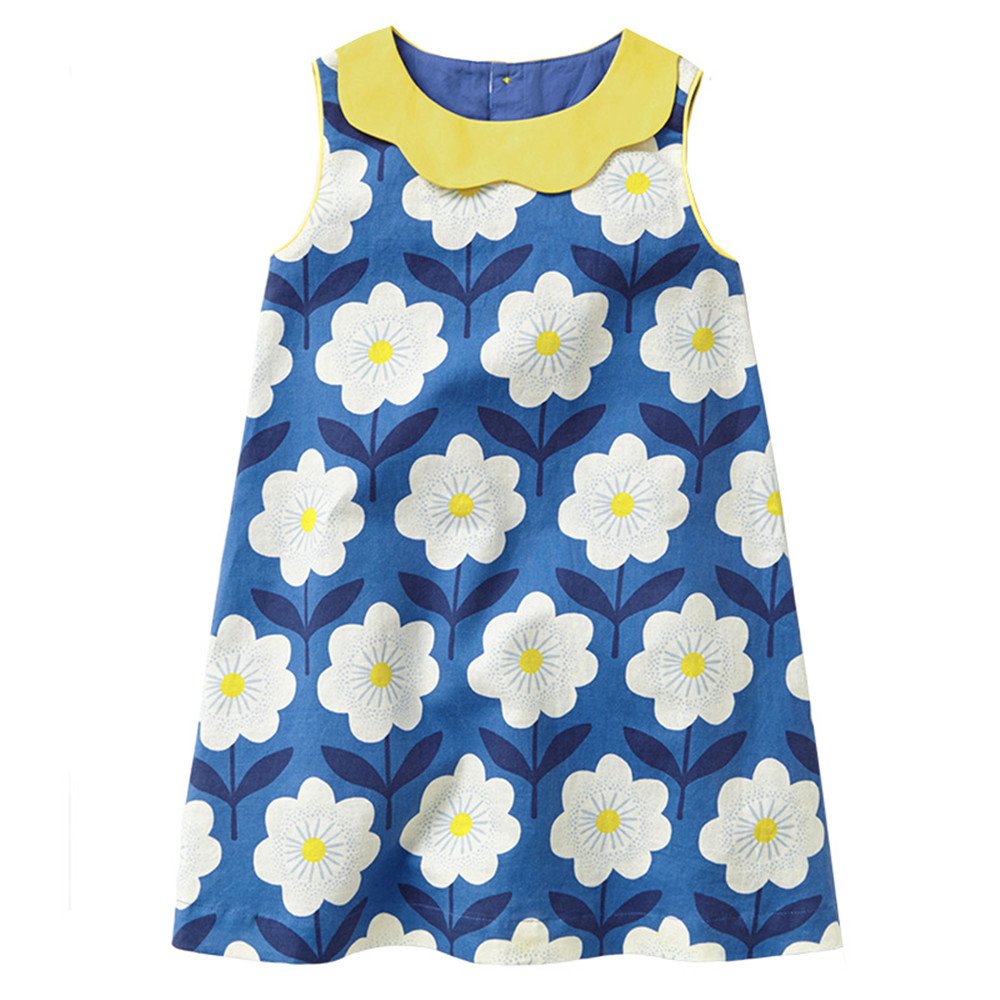 HILEELANG Girls' Cotton Sleeveless Summer Sundress - Floral Print Jumper Skirt for Toddlers & Kids | Perfect for Beach, Playdates & Outdoor Activities