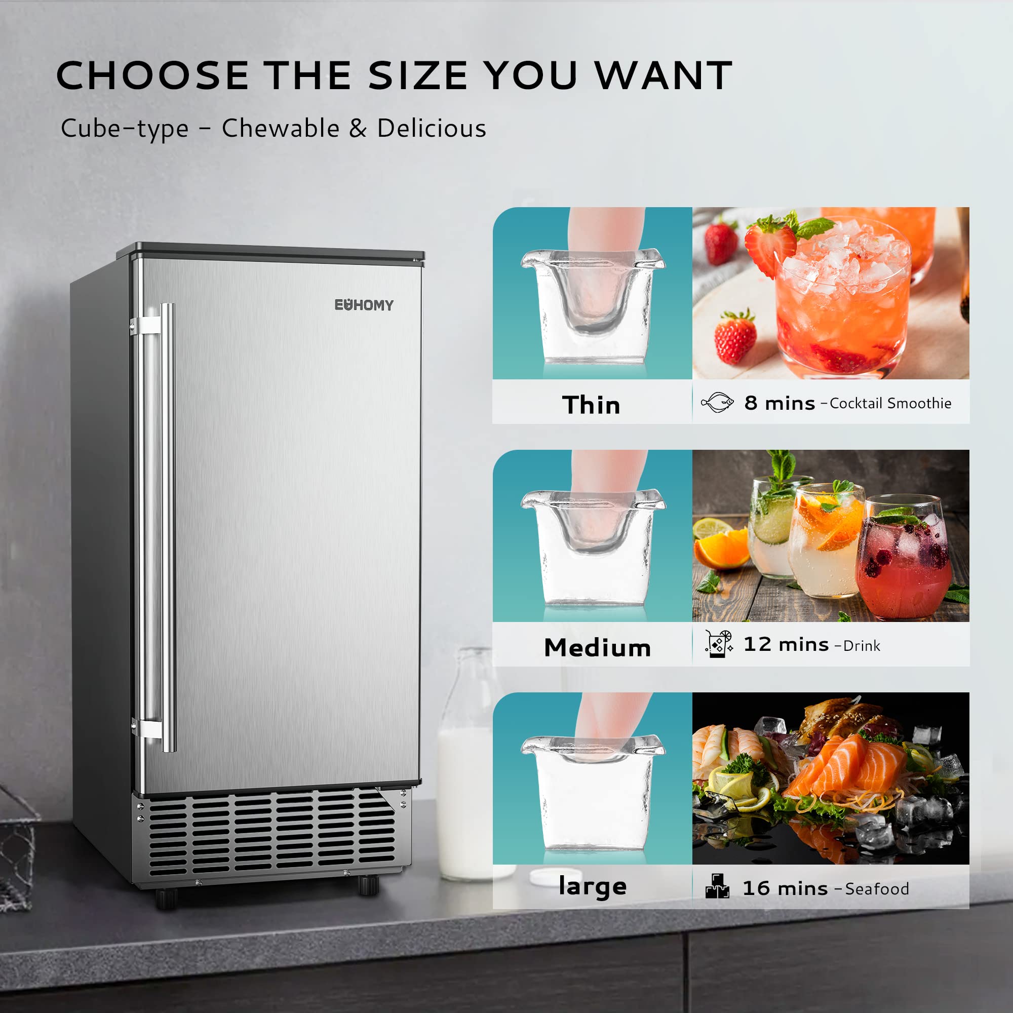 EUHOMY 80 Lbs/Day Commercial Under Counter Ice Maker Machine with Auto-Cleaning & 24H Timer, Stainless Steel Built-in or Freestanding Ice Machine with 24 Lbs Storage - Perfect for Restaurants, Bars, Home Kitchen, and Office Use