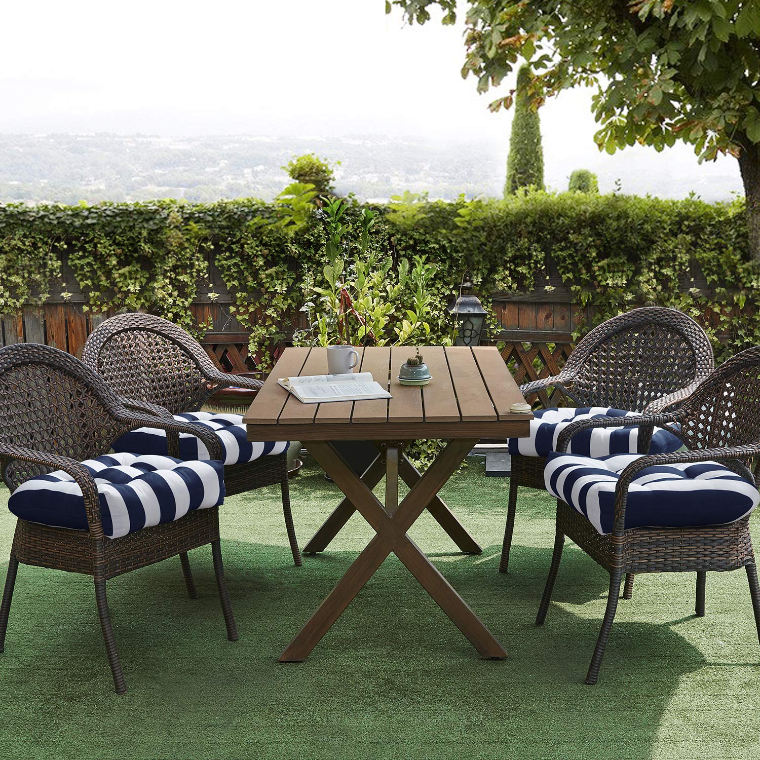 Premium Outdoor Chair Cushions 19x19 Inch - 6 Pack Thick Tufted Patio Seat Covers with Fiber Fill, Comfortable Havana Navy/White - Perfect for Garden, Poolside, Deck & Backyard Furniture