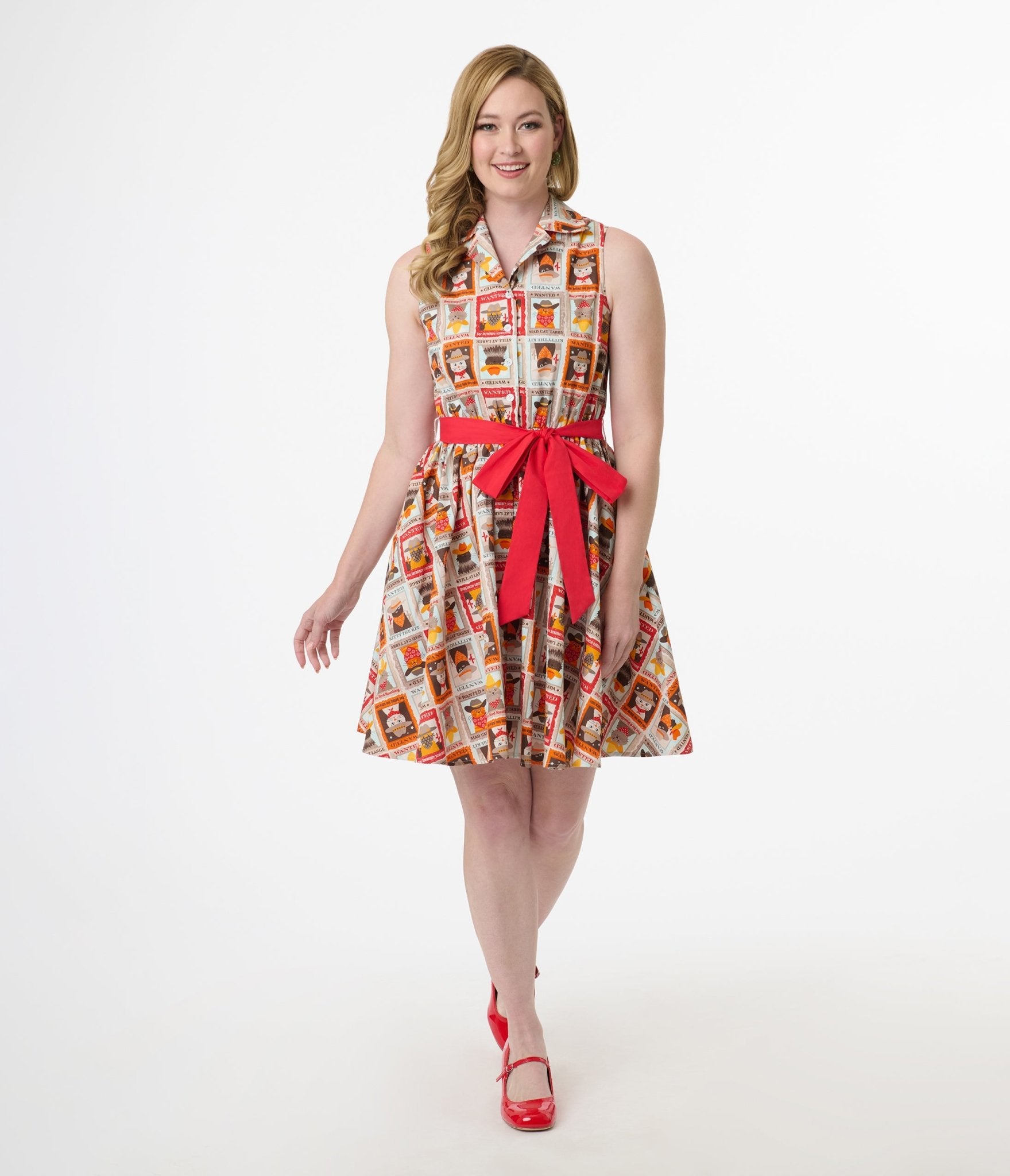 Smak Parlour 1960s Vintage Wanted Cats Print Cotton Flare Dress - Retro Swing Dress for Women, Perfect for Parties, Date Nights & 60s Themed Events