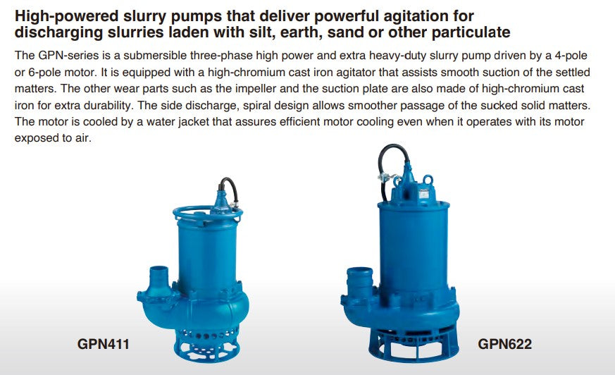 Tsurumi GPN Series High Power Heavy Duty Submersible Wastewater Pump - 3 Phase Motor for Industrial, Construction & Flood Control Applications