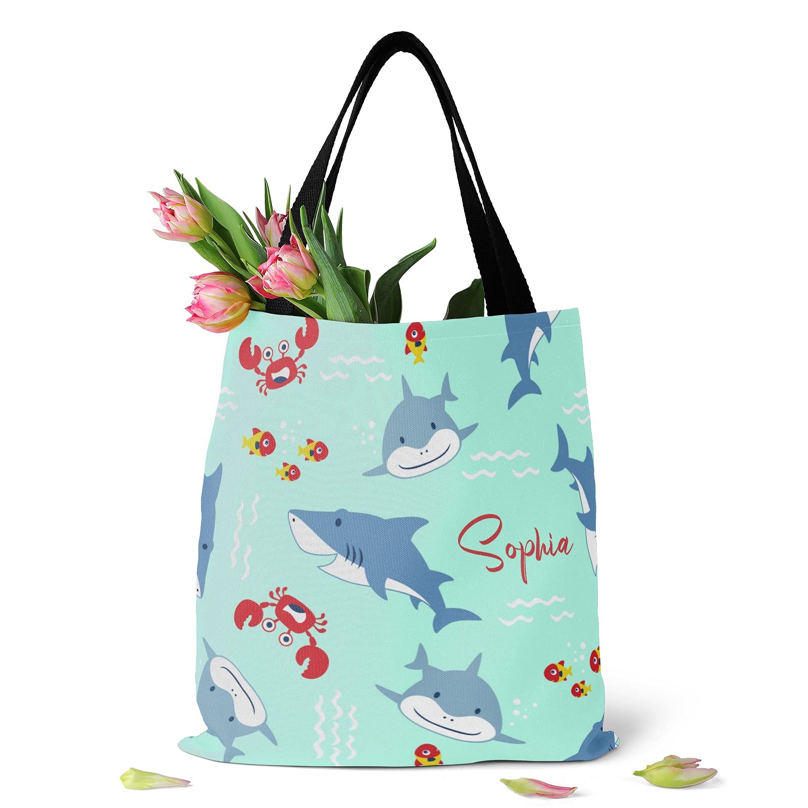Personalized Name Tote Bag - Cute Marine Animals Cartoon Shark & Fish Design - Eco-Friendly Canvas Shopping Bag for Women - Perfect for Grocery, Beach, Travel & Work (Reusable Shoulder Handbag)
