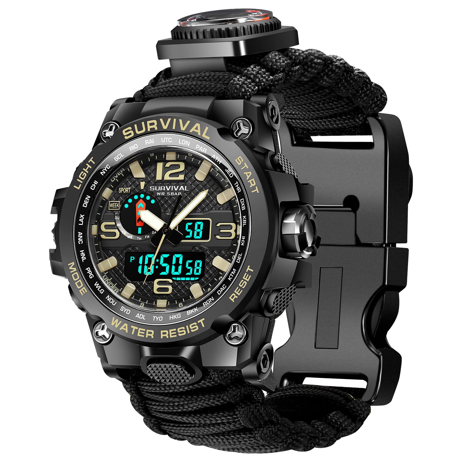 Kavie 23-in-1 Tactical Watch for Men - Waterproof Outdoor Survival Watch with Compass & Fire Starter for Hiking & Camping