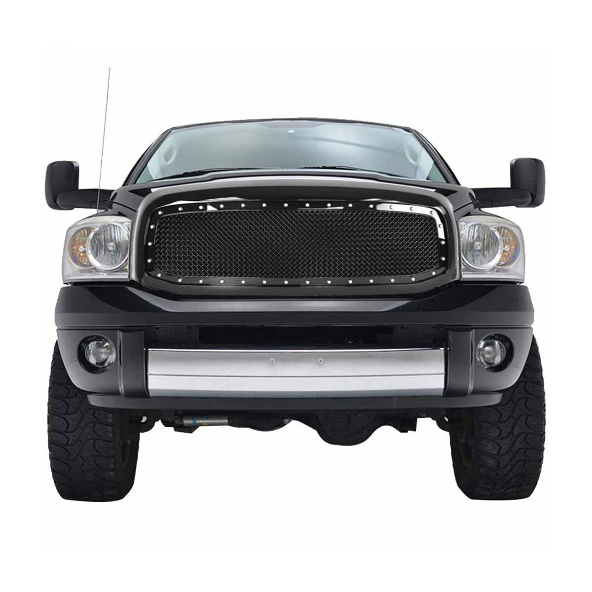 Gloss Black Paragon Front Grille for 2006-2008 Dodge Ram 1500/2500/3500 - Heavy Duty Mesh Grill with Rivets - Upgrade Your Truck's Style for Off-Road & Daily Driving